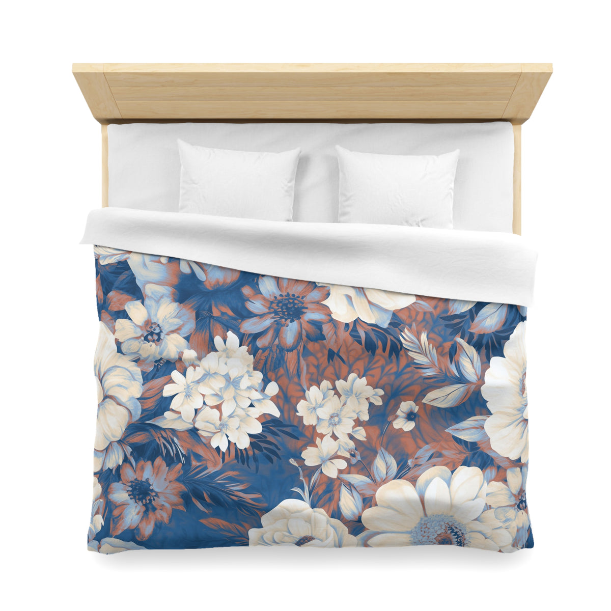 Cobalt Blue Vintage Floral Duvet Cover | Rust Cream Peony Rose Bedding