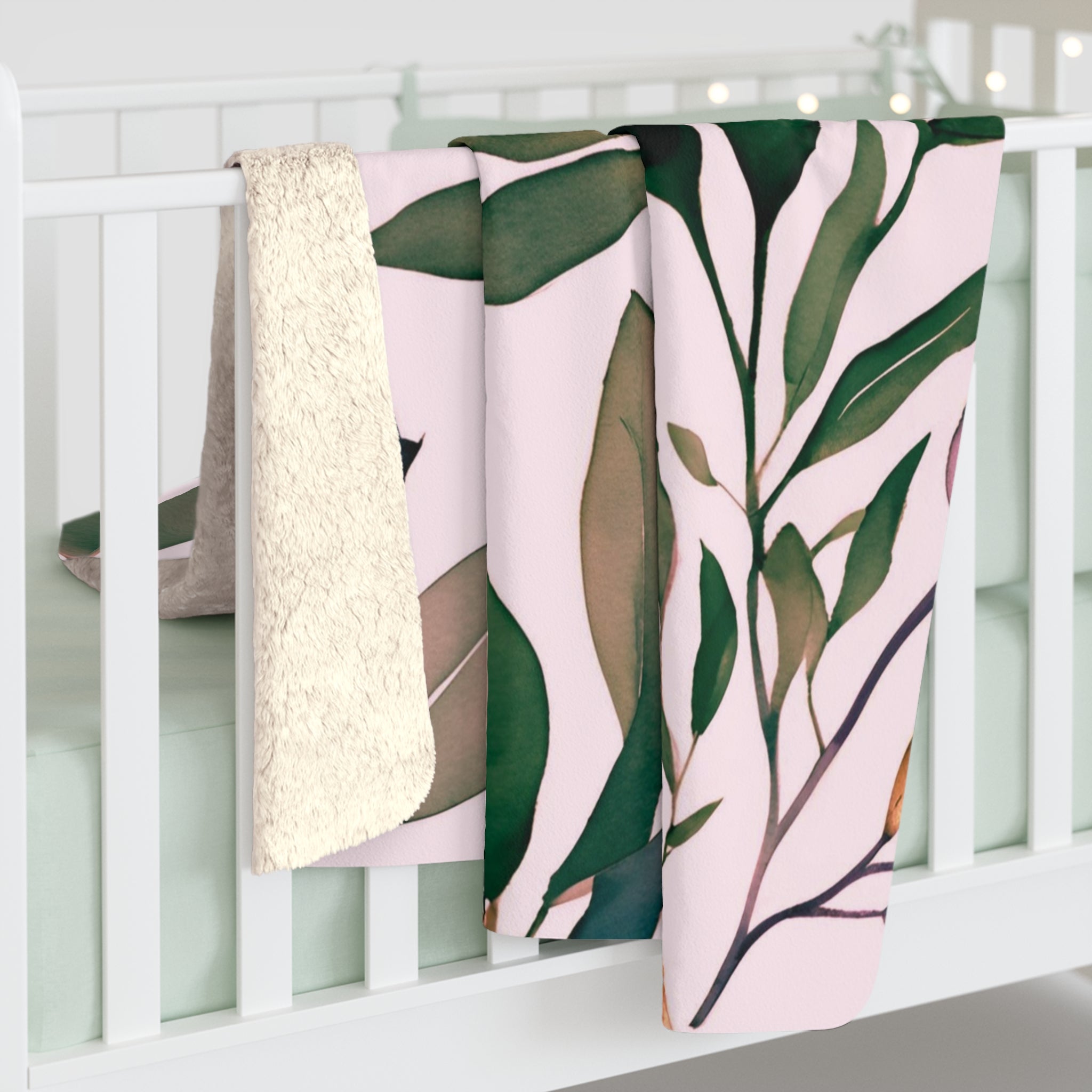 Floral Throw Blanket | Dark Green, Blush Pink Eucalyptus Leaves