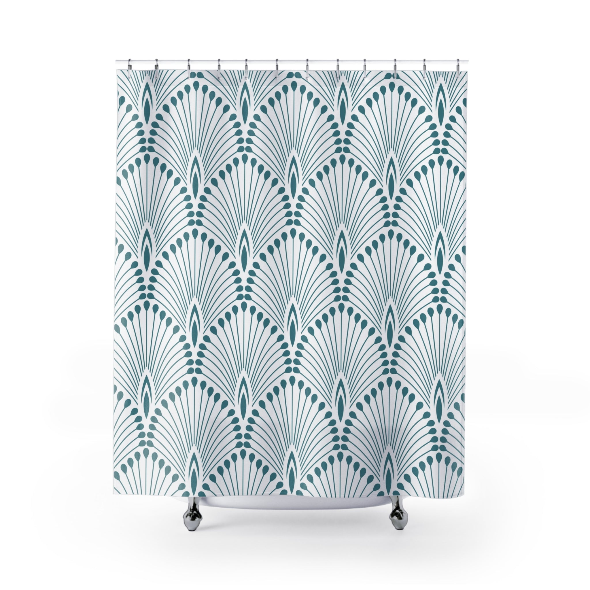 Boho Shower Curtain | Vintage Blue White Art Deco Crane
