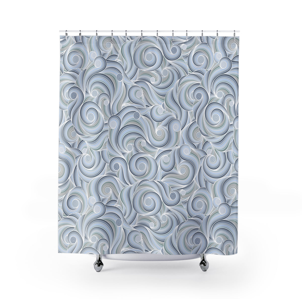 a shower curtain with a repeating pattern of swirling, wavy lines in shades of blue and gray.