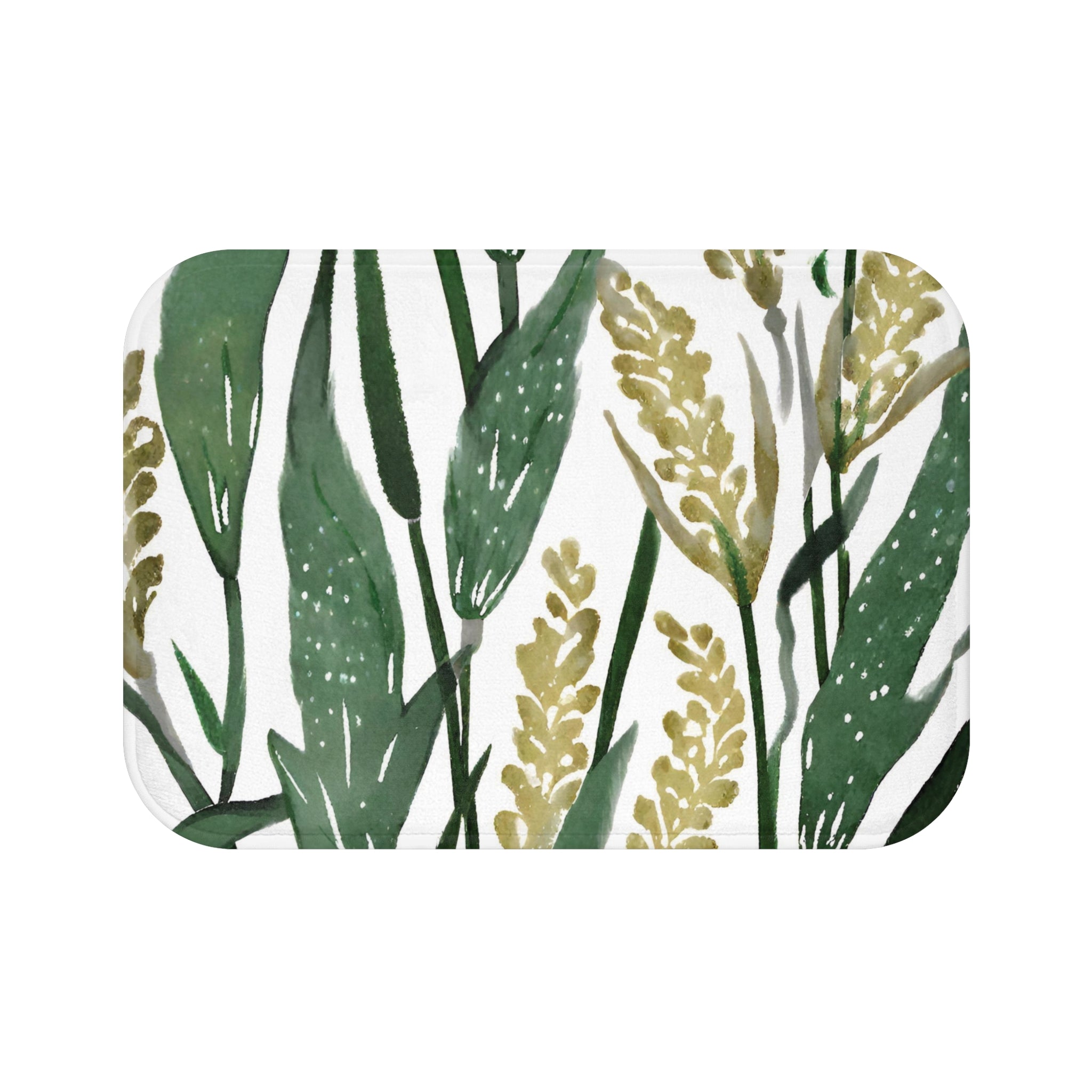 Boho Floral Bath, Kitchen Floor Mat | Sage Green, White Leaves