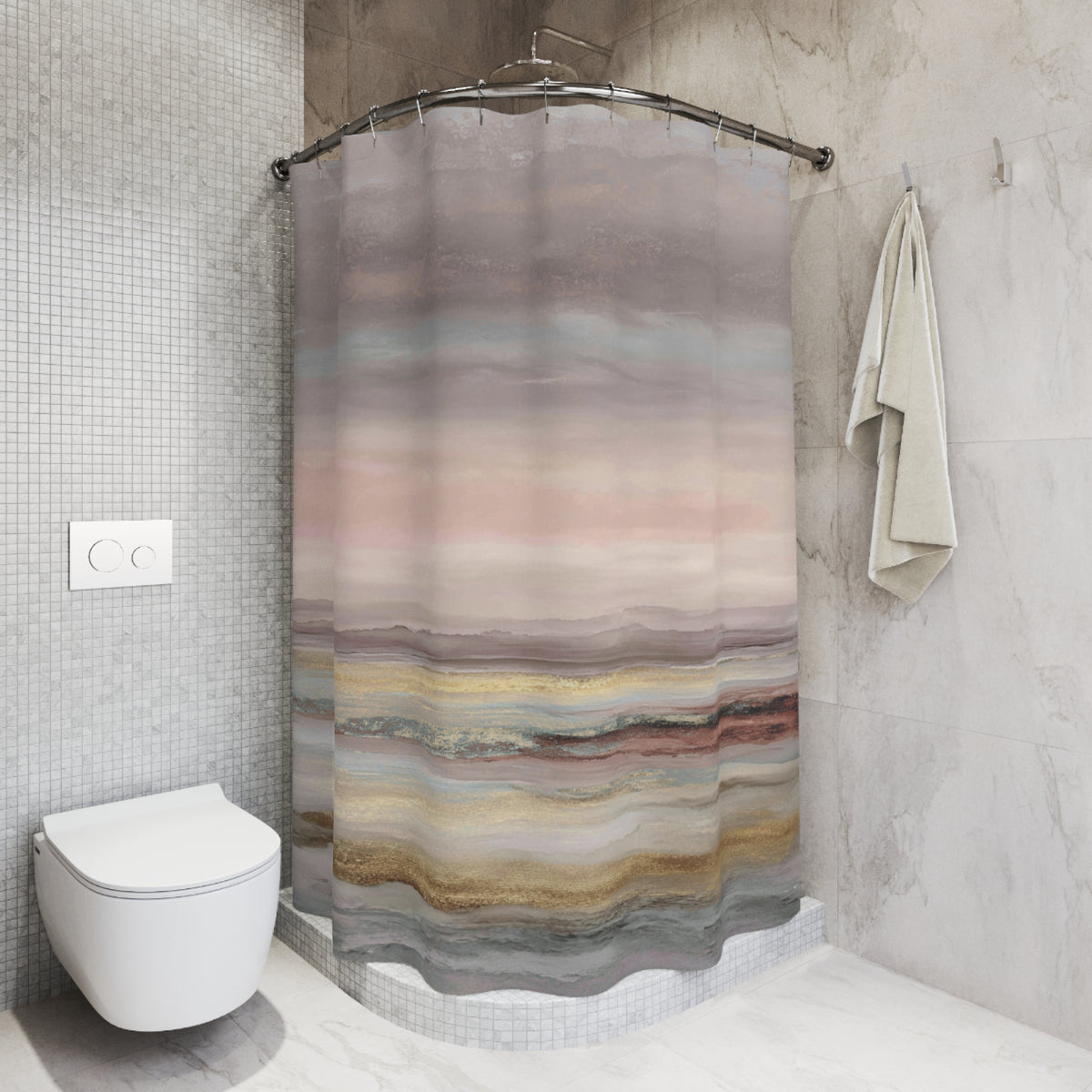 a bathroom with a shower curtain featuring a colorful abstract design.