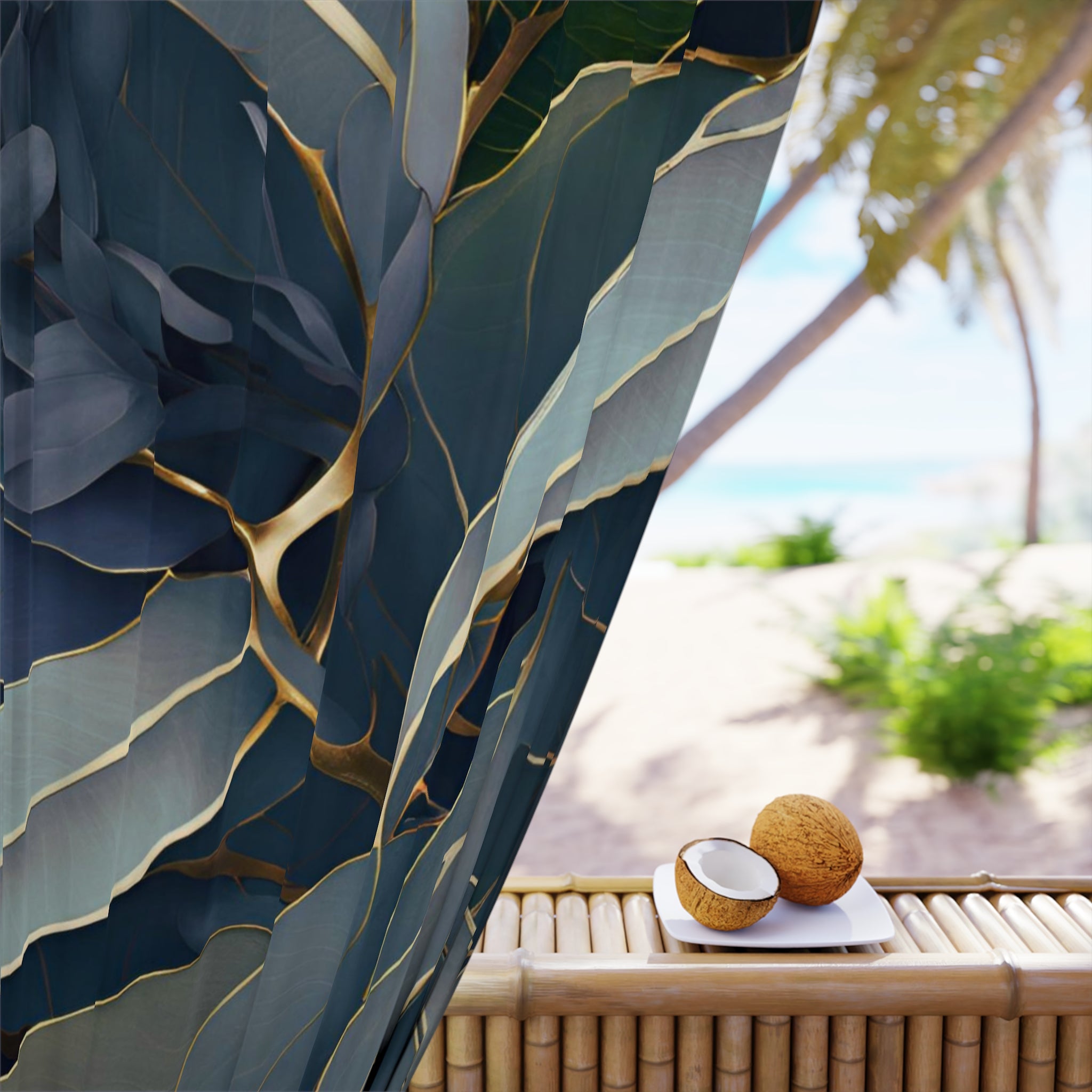 Floral Window Curtain | Navy Blue Grey, Leaves