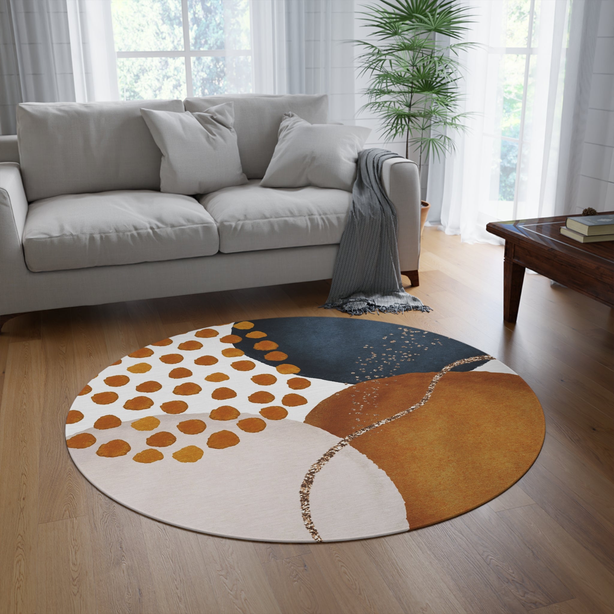 Watercolor Round Area Rug | Burnt Orange, Navy Beige