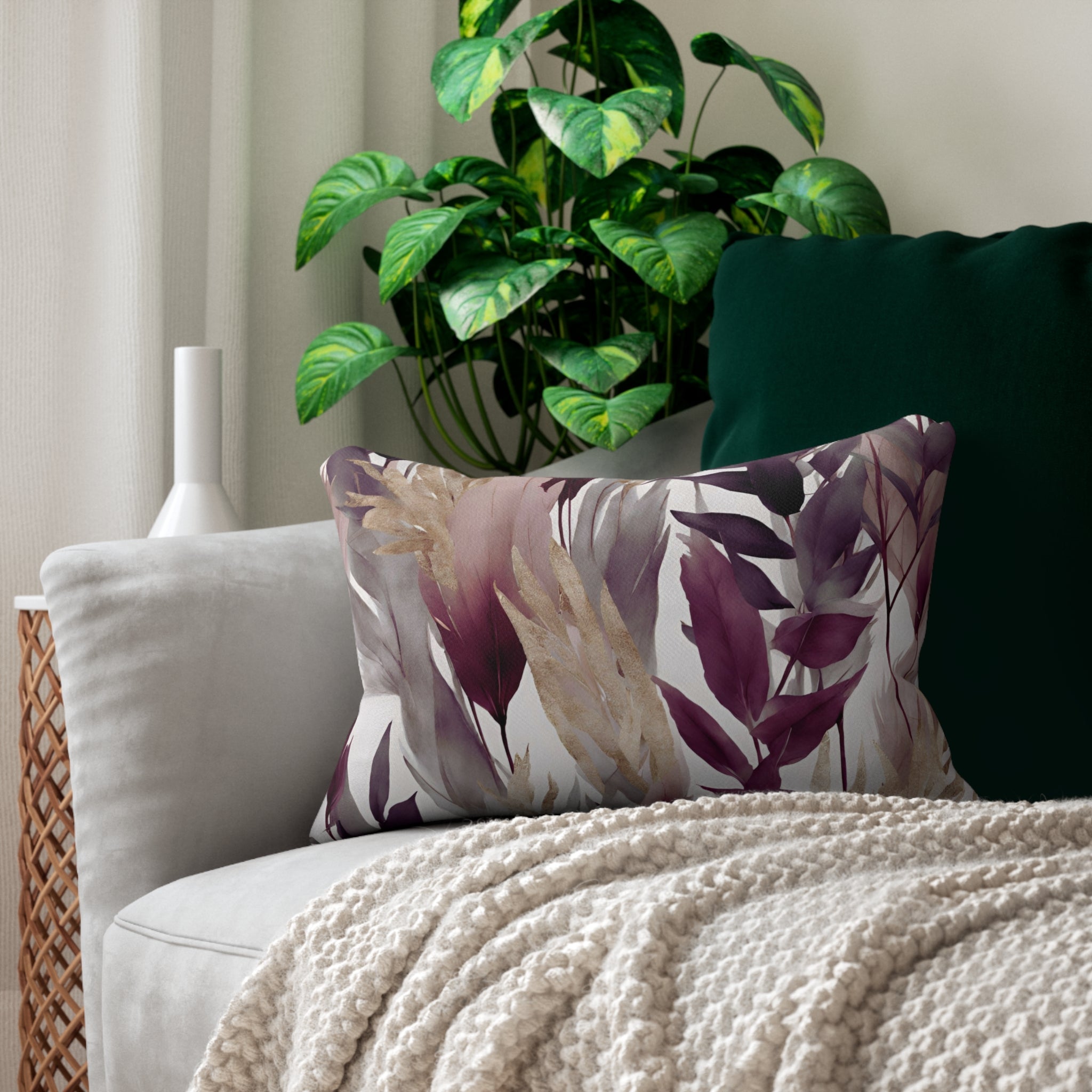 Abstract Floral Lumbar Pillow | Mauve Grey Beige White Watercolor