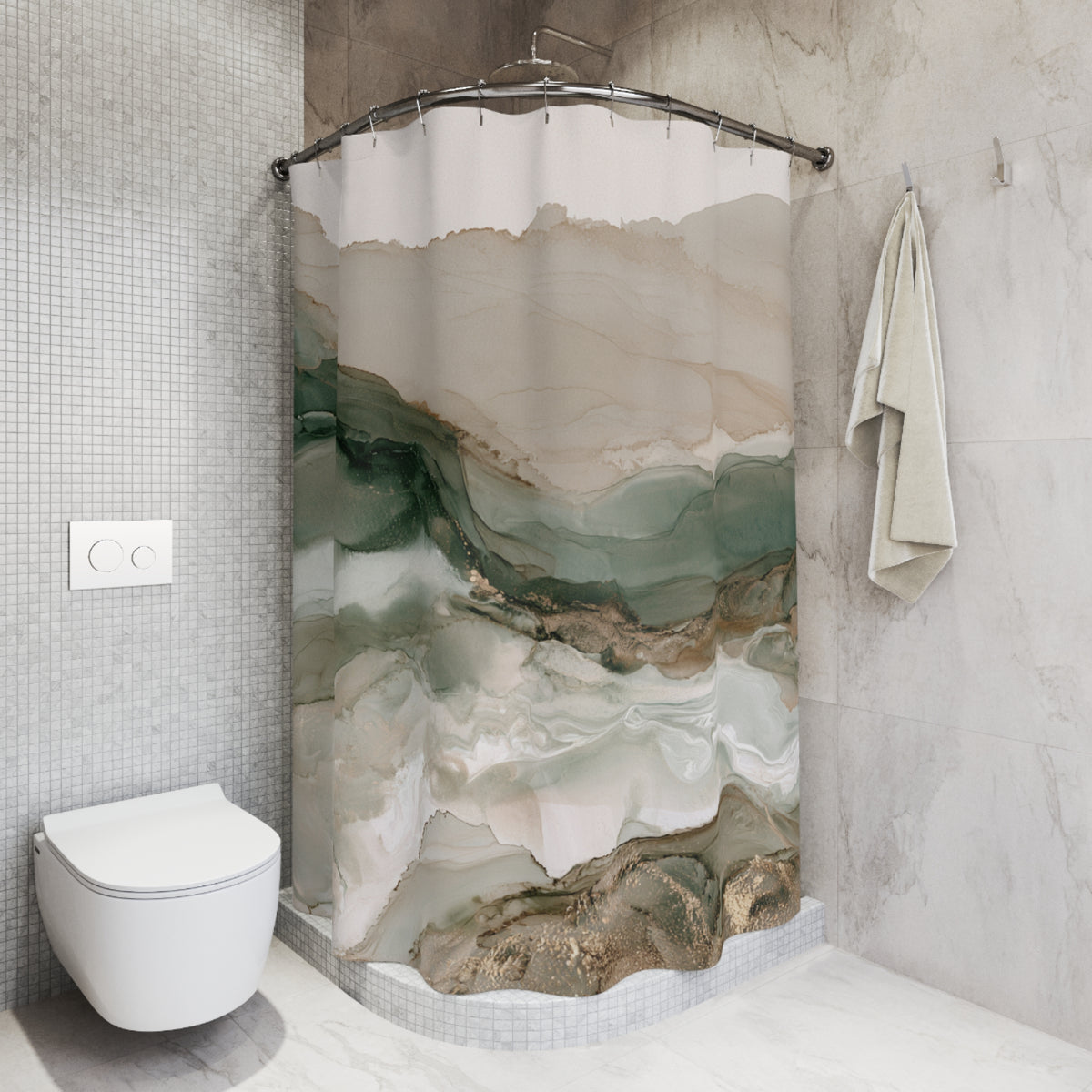 a modern bathroom with a shower curtain featuring a marble-like abstract design in shades of green and beige. The shower curtain is hanging on a rod next to a towel, and the bathroom has a white toilet and tiled walls.