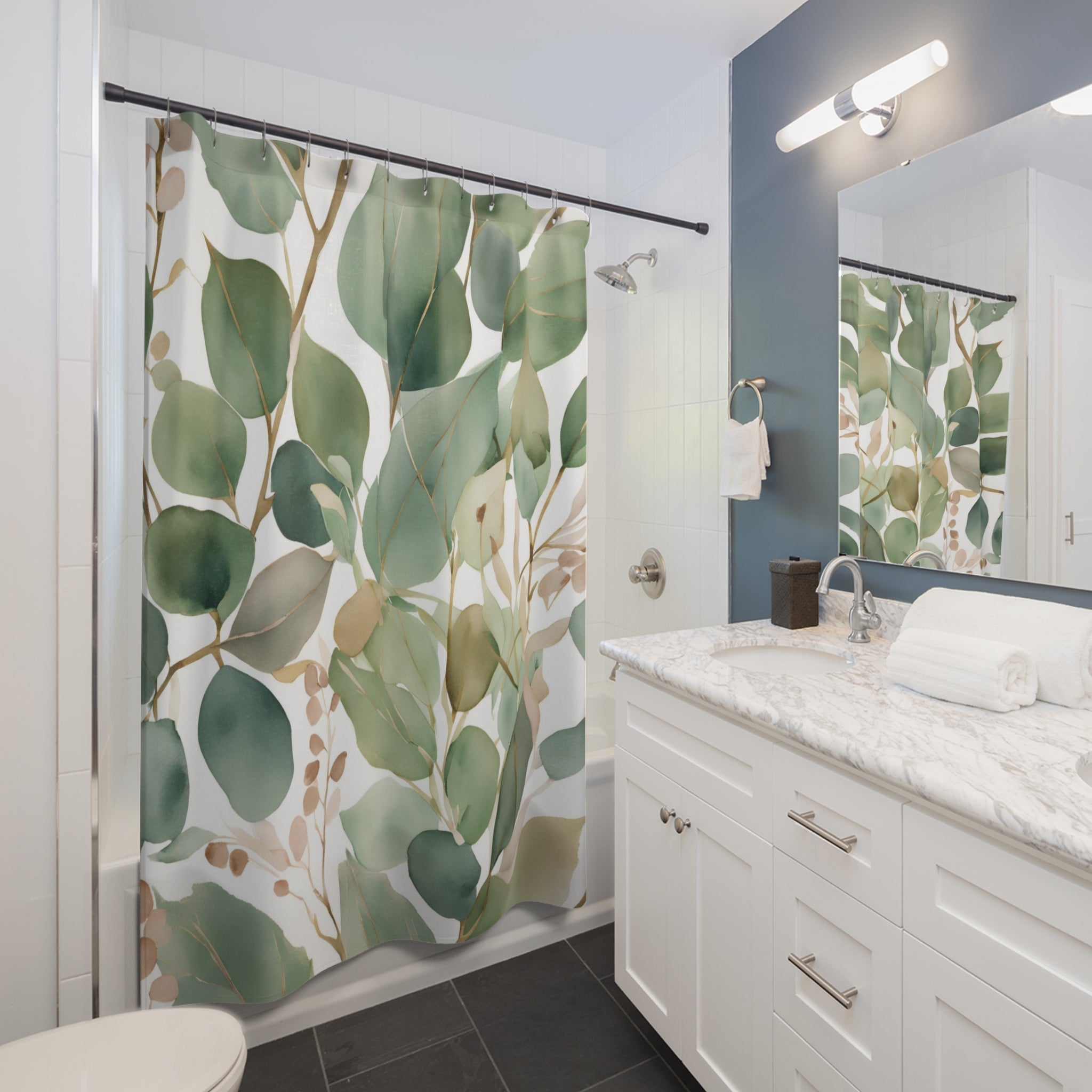 Floral Shower Curtain | Sage Green Blush White Leaves