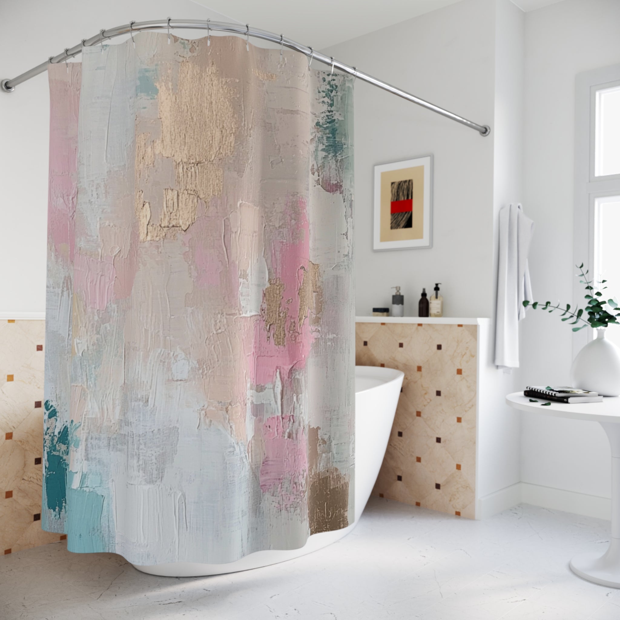 Pink Shower Curtain | Teal Blue Ombre Abstract Art