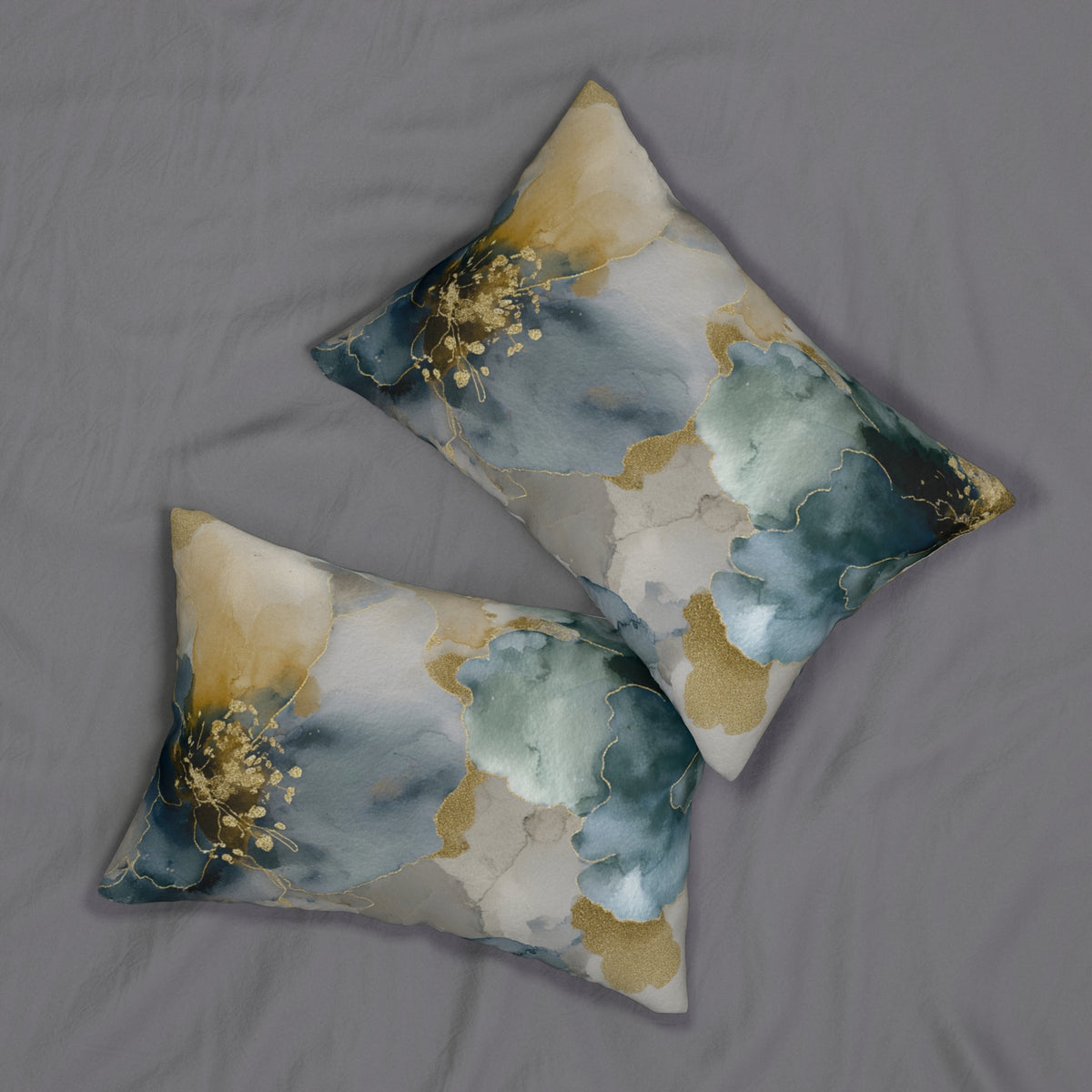 Slate Blue and Taupe Watercolor Floral Lumbar Pillow