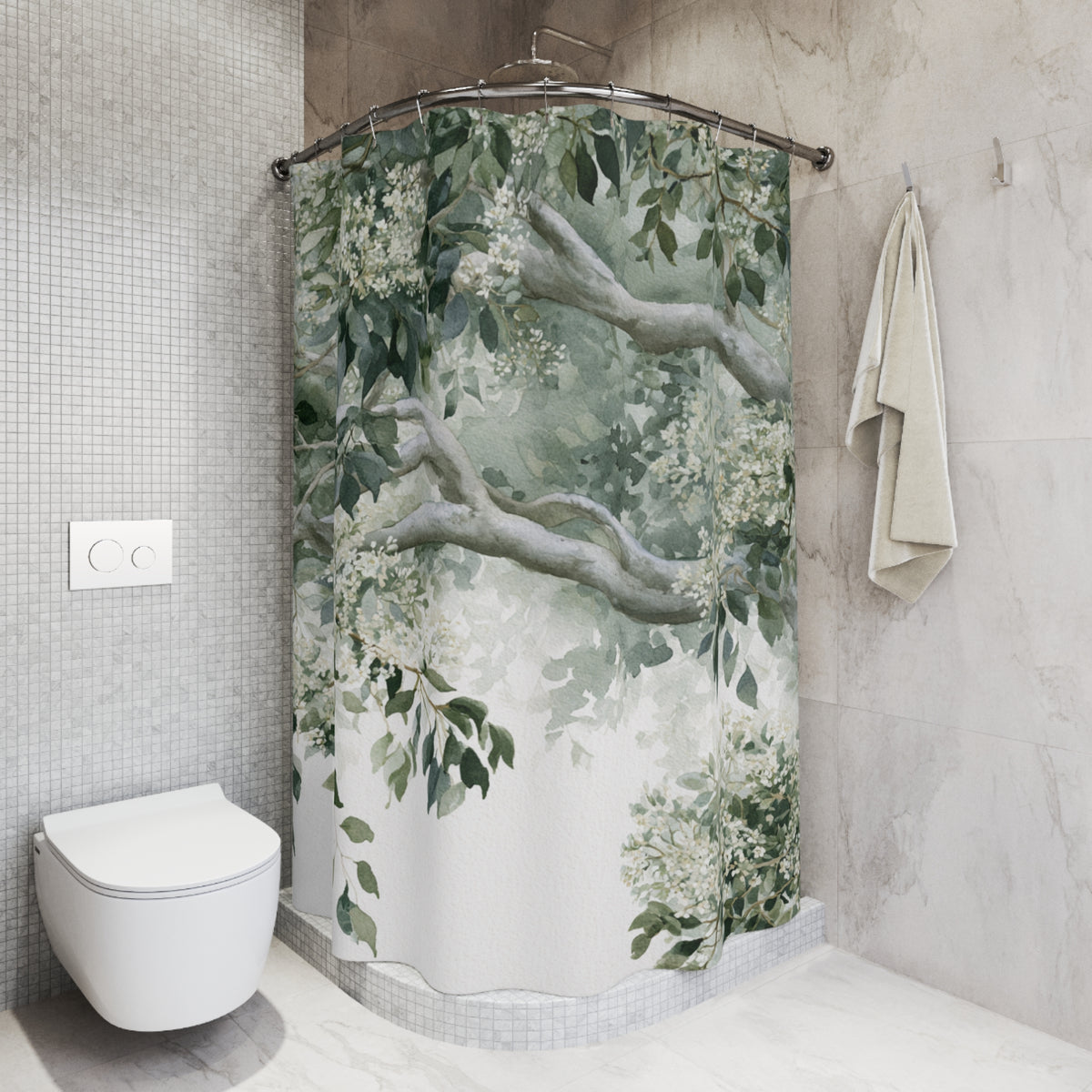 a bathroom with a shower curtain featuring a lush green tree design. The shower curtain is hanging on a rod next to a towel. The bathroom has a white toilet and a white tiled wall.