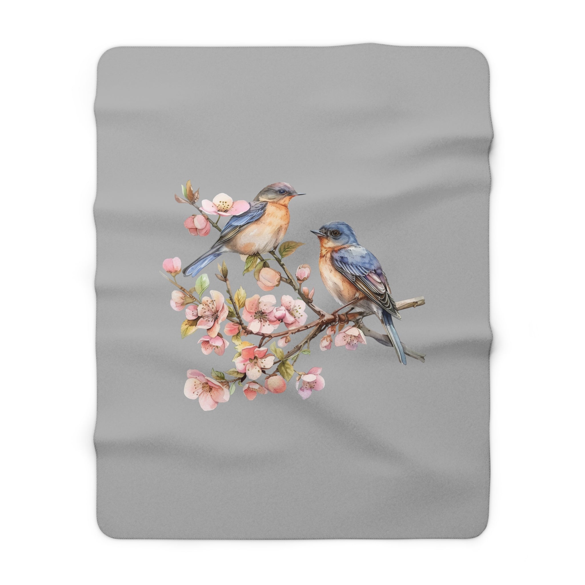 Bird Throw Blanket | Grey Pink Sakura Flowers