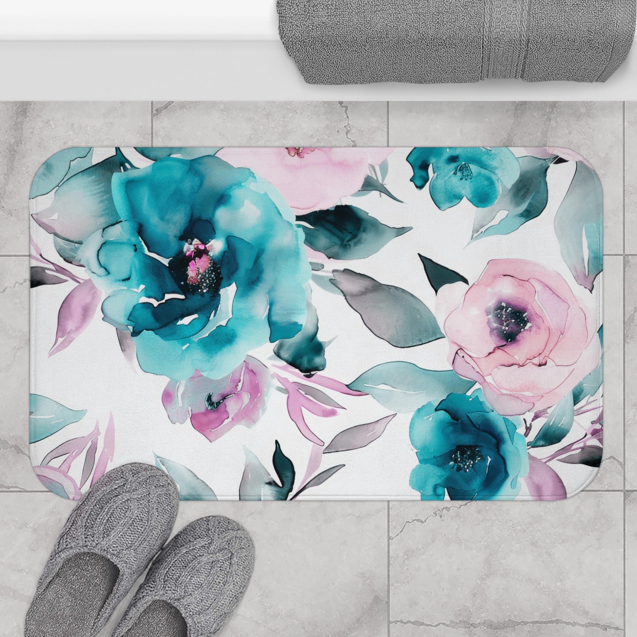 Boho Kitchen, Bath Mat | Floral Pink, White Teal Blue Floor Mat