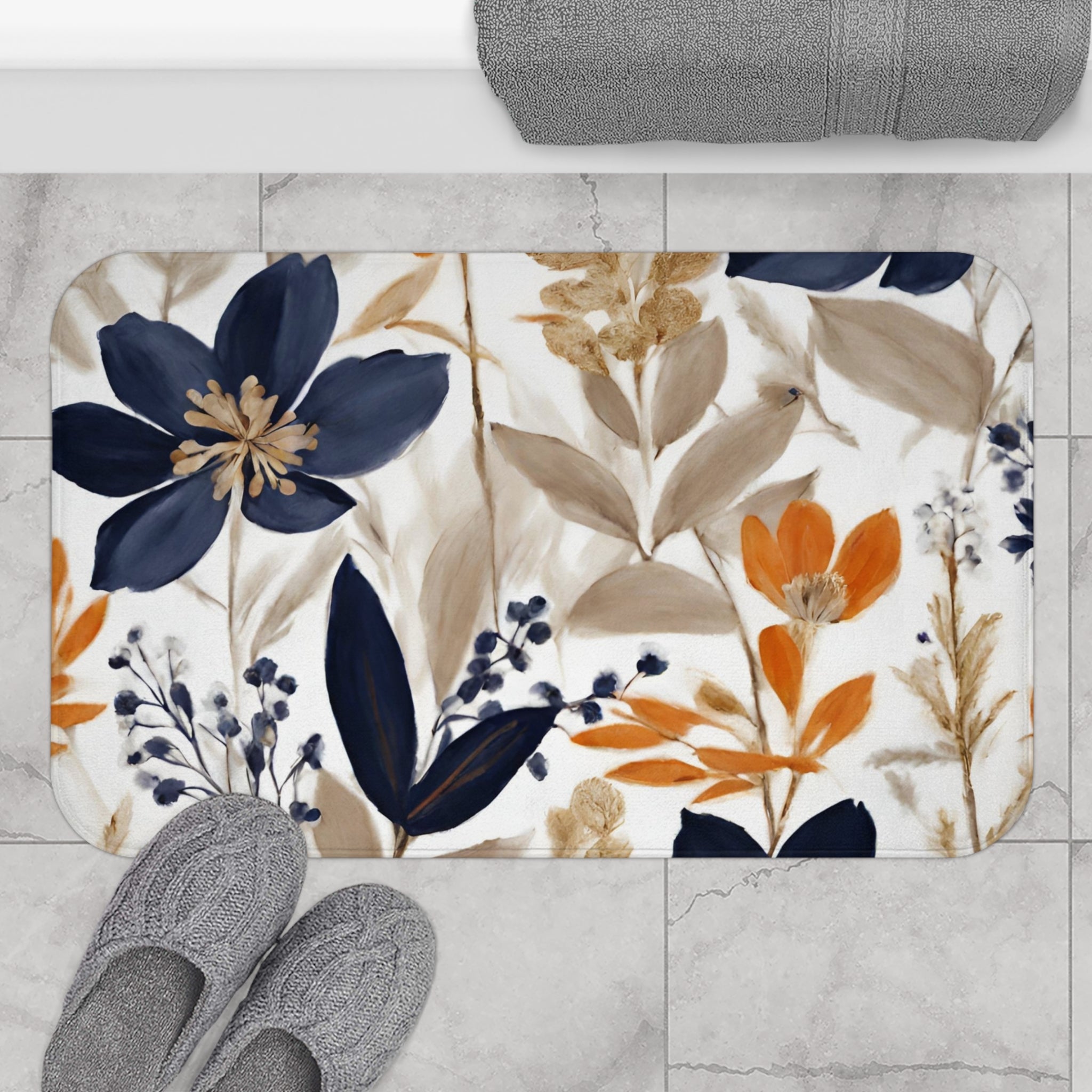 Floral Bath Mat | White, Navy blue Beige, orange