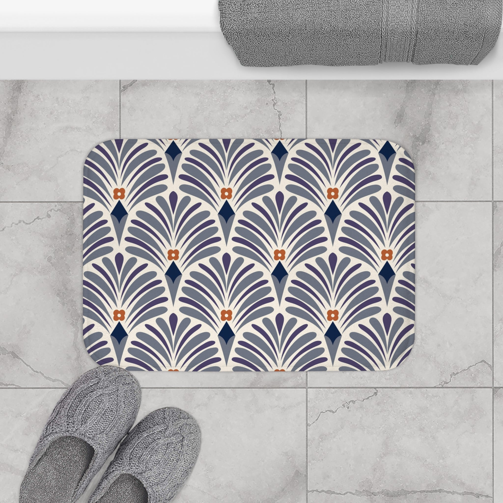 Boho Bath, Kitchen Mat |  Art Deco Grey Plum Purple Beige