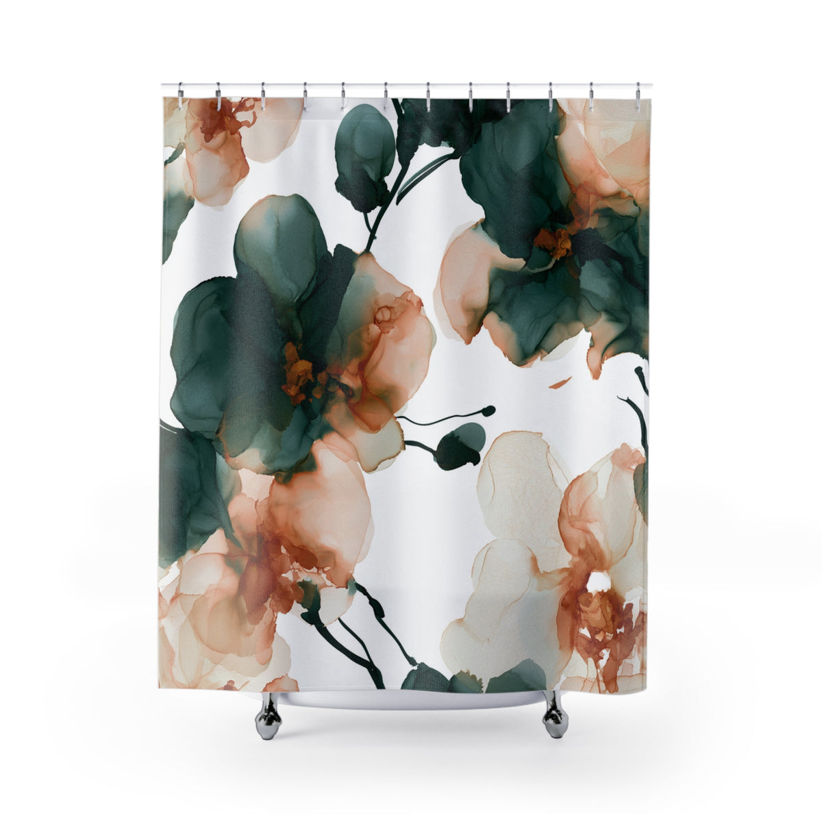 a shower curtain with a floral pattern of green and orange flowers.