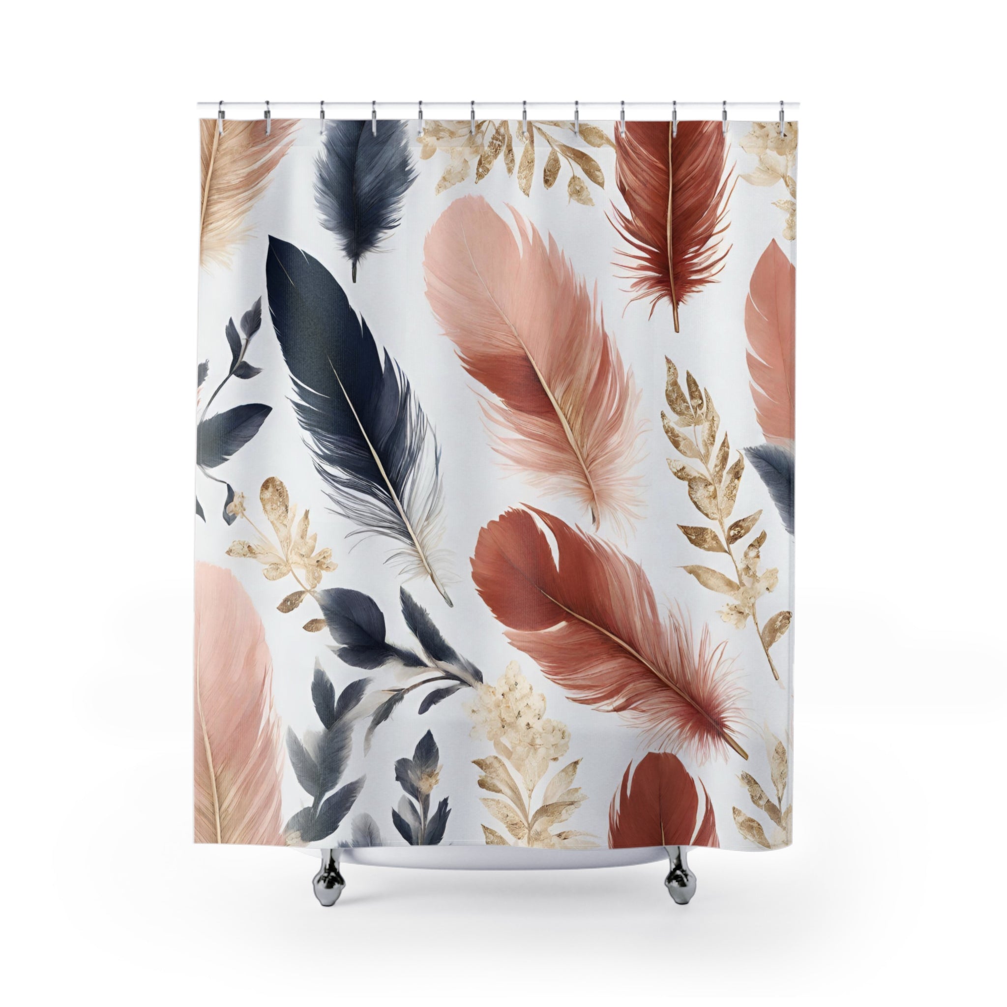 Bohemian Shower Curtain | Feathers Pink, Navy Blue