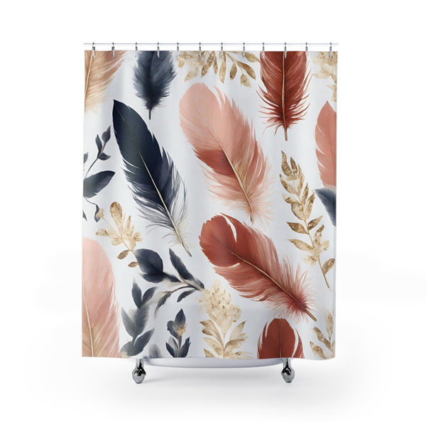 Bohemian Shower Curtain | Feathers Pink, Navy Blue