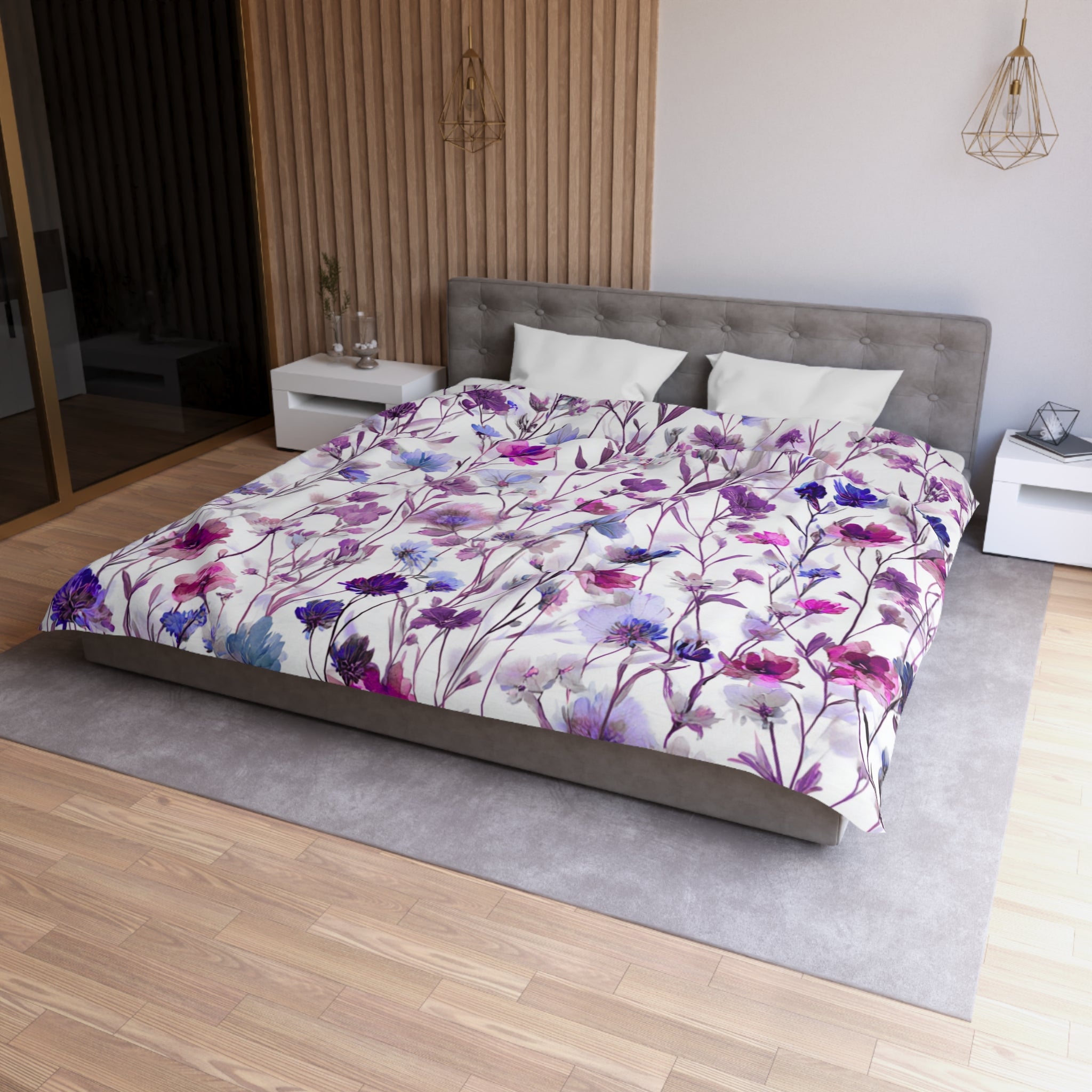 Floral Modern Duvet, Pillow Cover | White Lavender Bedroom Decor