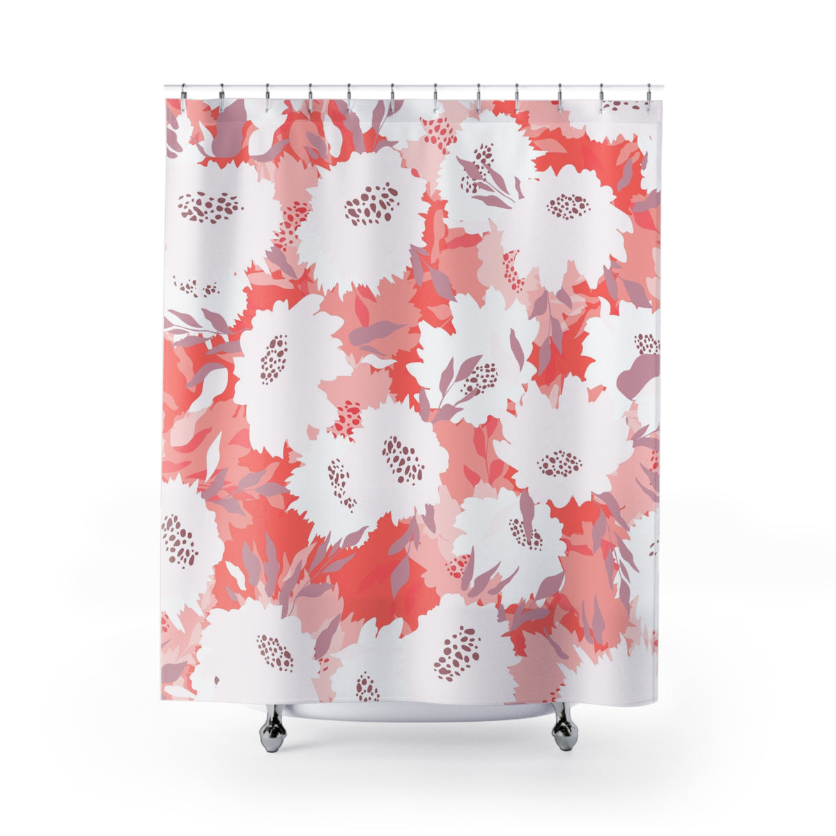 a shower curtain with a floral pattern in shades of pink and white.
