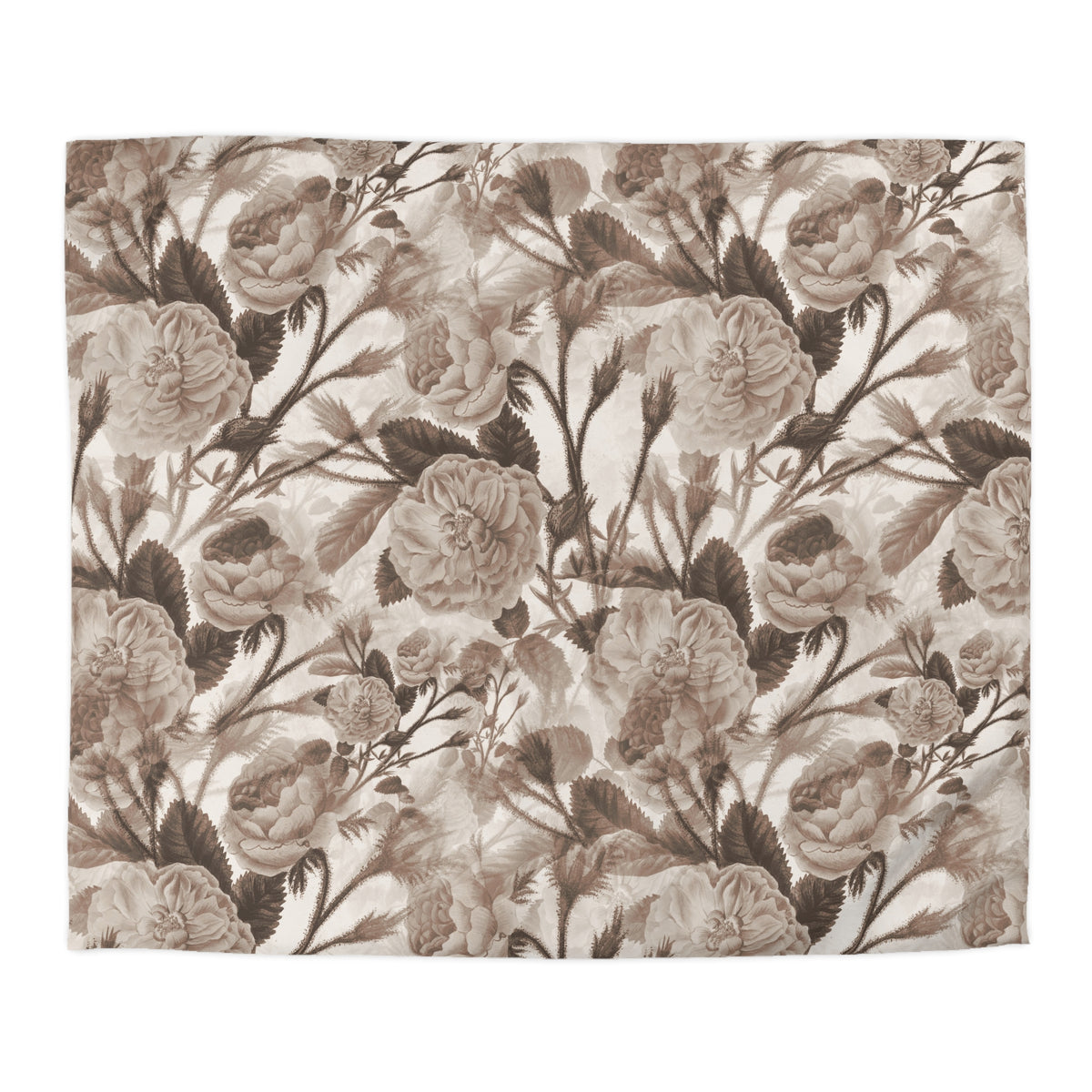 a repeating pattern of large, detailed flowers and leaves in shades of brown and beige.