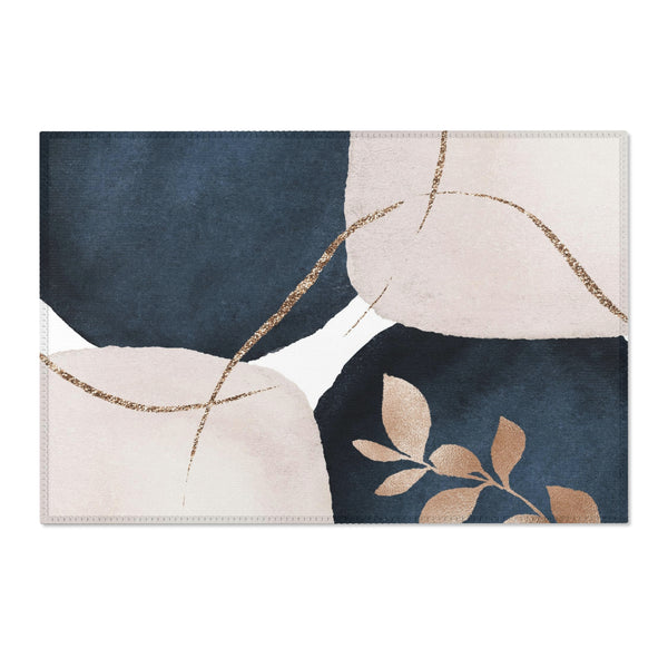 Abstract Boho Area Rug | Navy Blue, Beige Ivory Gold Leaves