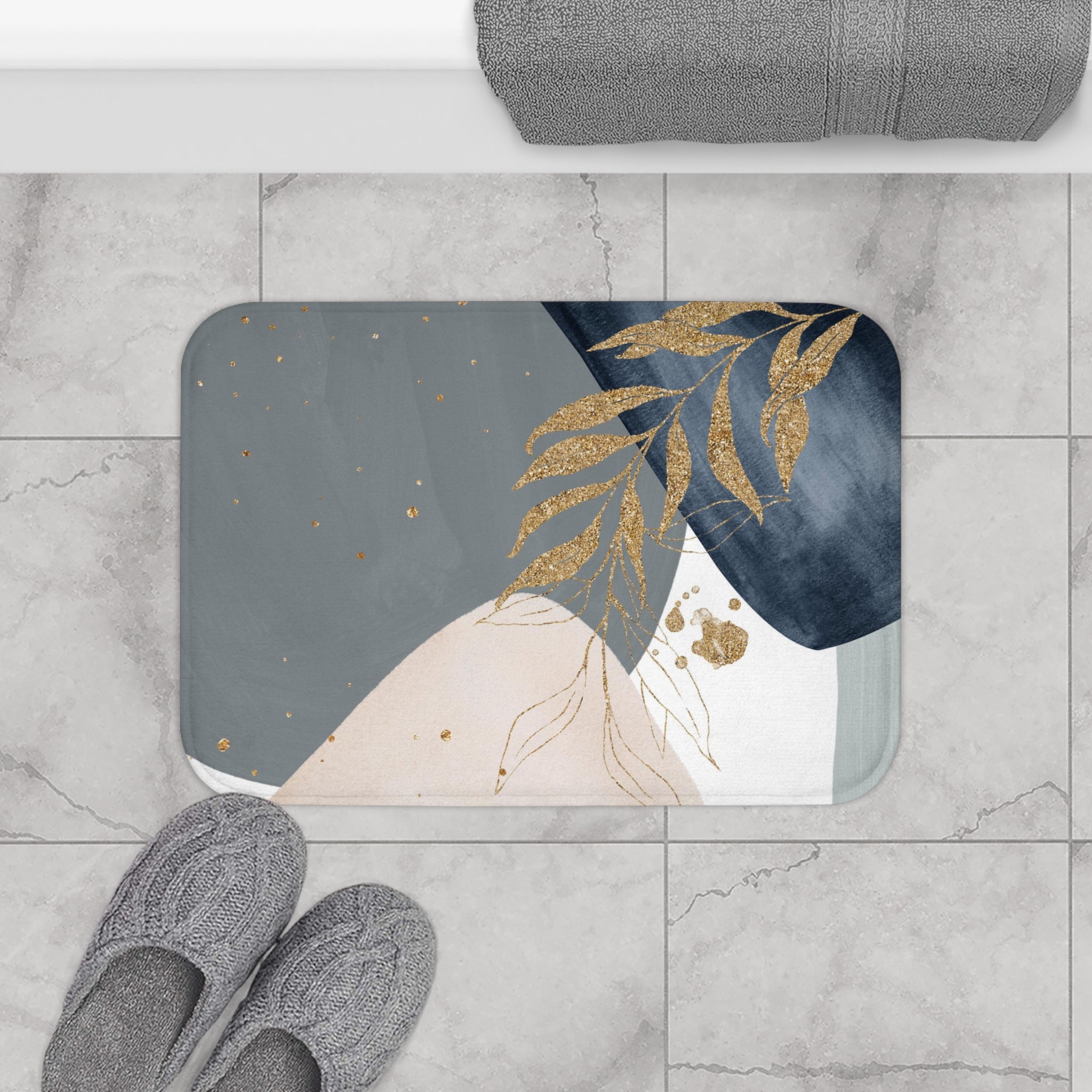 Abstract Boho Bath Mat | Grey Navy Blue, Beige