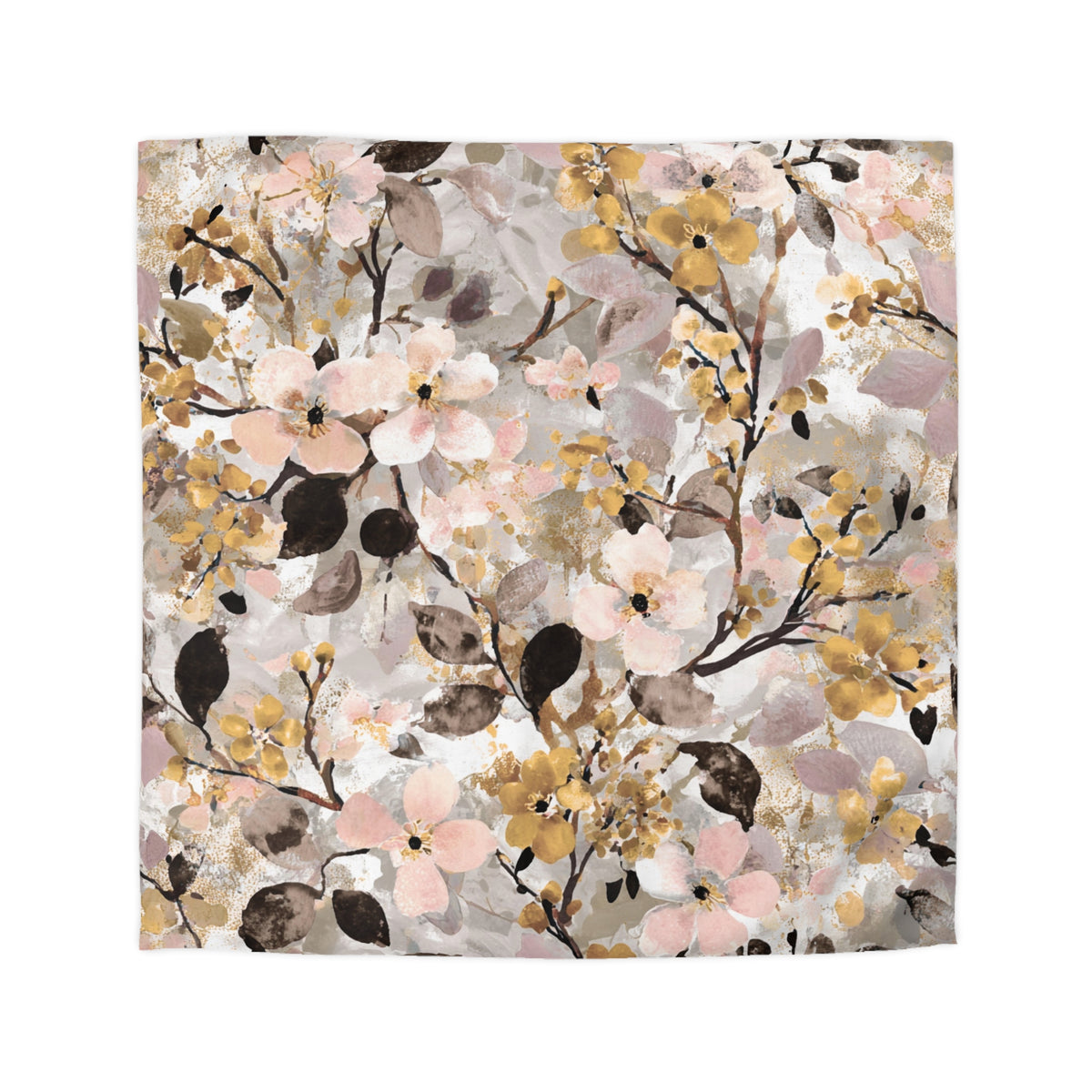 The image is a square-shaped collage featuring a floral pattern with various shades of pink, yellow, and brown flowers and leaves.