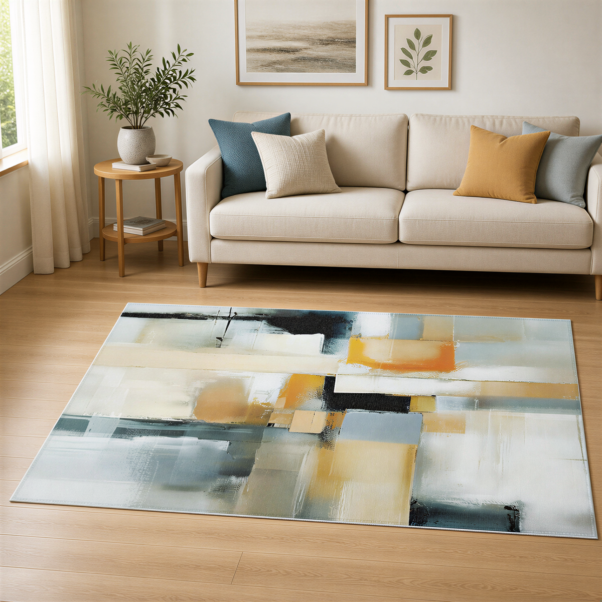a living room with a beige sofa, a wooden side table, and a large abstract rug on the floor. The room has a modern and minimalist design, with a potted plant, a painting, and a window providing natural light.