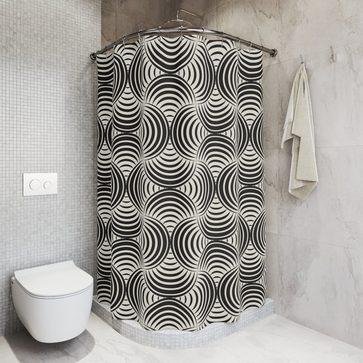a modern bathroom with a black and white geometric patterned shower curtain, a white toilet, and a towel rack.