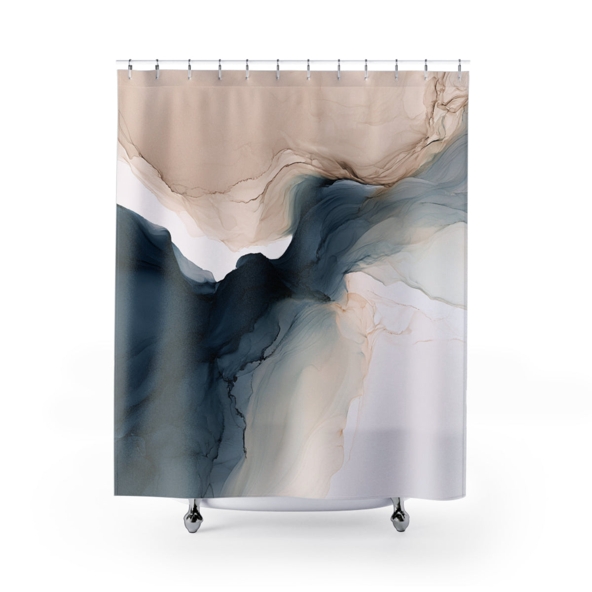 a shower curtain with an abstract painting on it