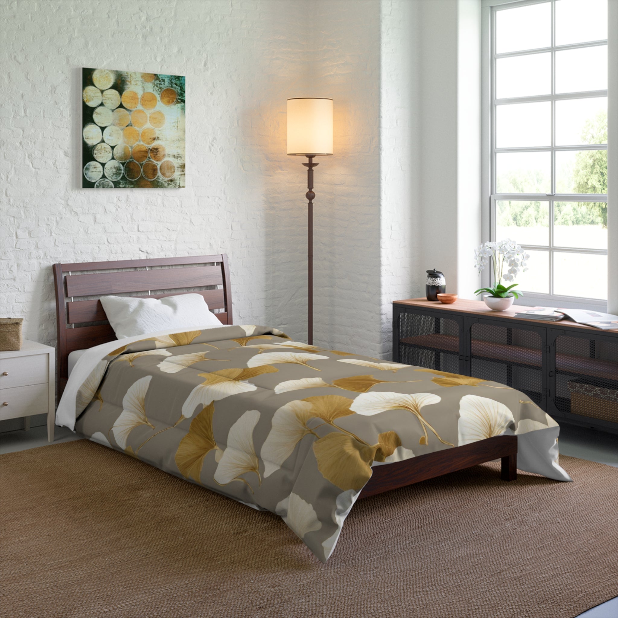 Floral Comforter | Taupe, Gold, Ivory Beige, Gingko Leaves