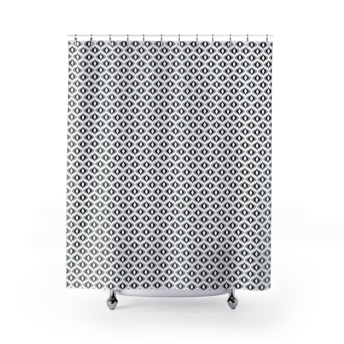 a shower curtain with a black and white diamond pattern.