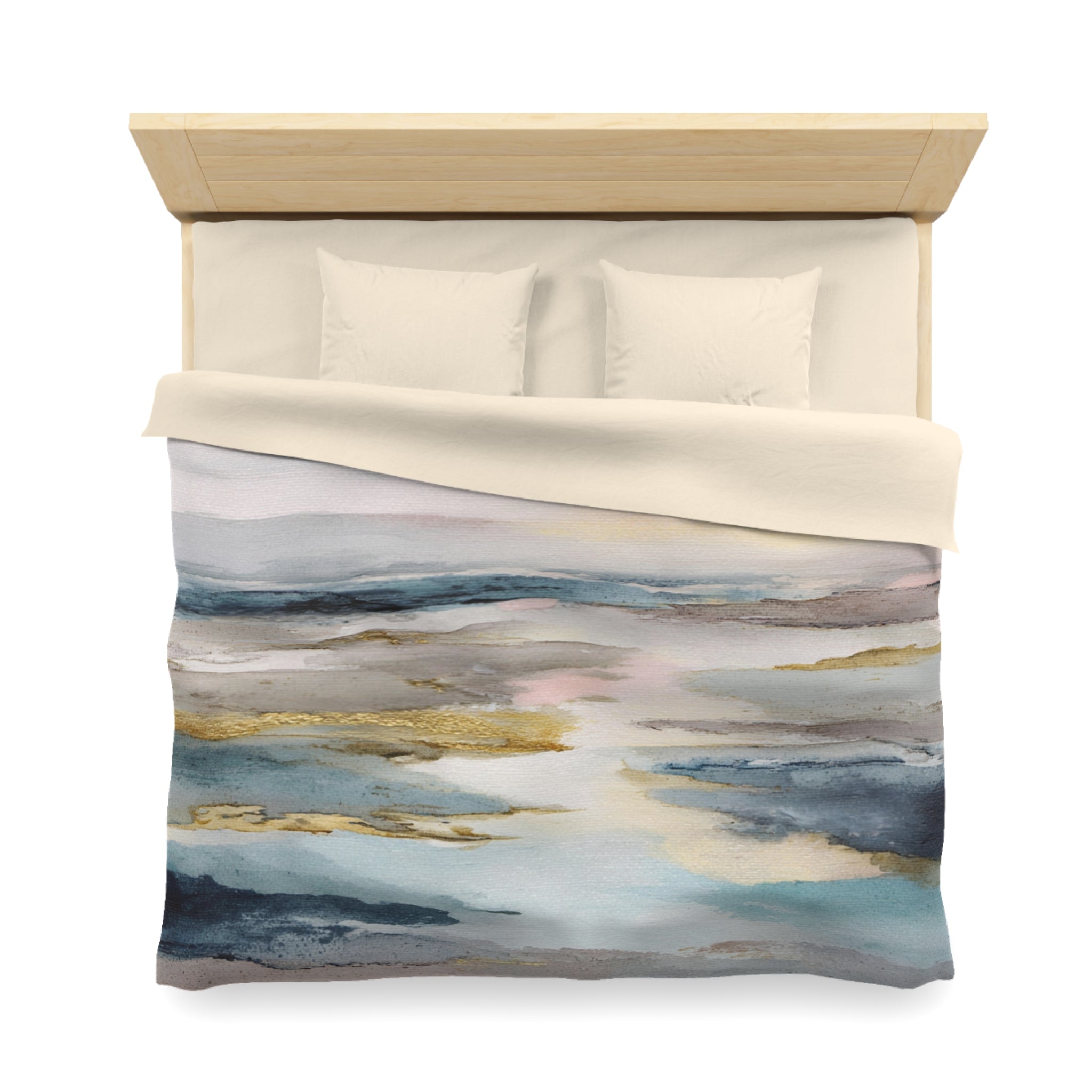 a bed with a white comforter and a colorful abstract painting or print on the comforter.