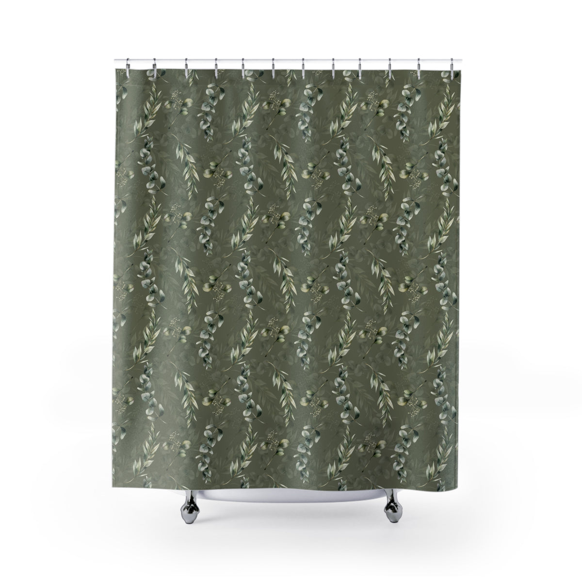 a shower curtain with a repeating pattern of green leaves and branches.