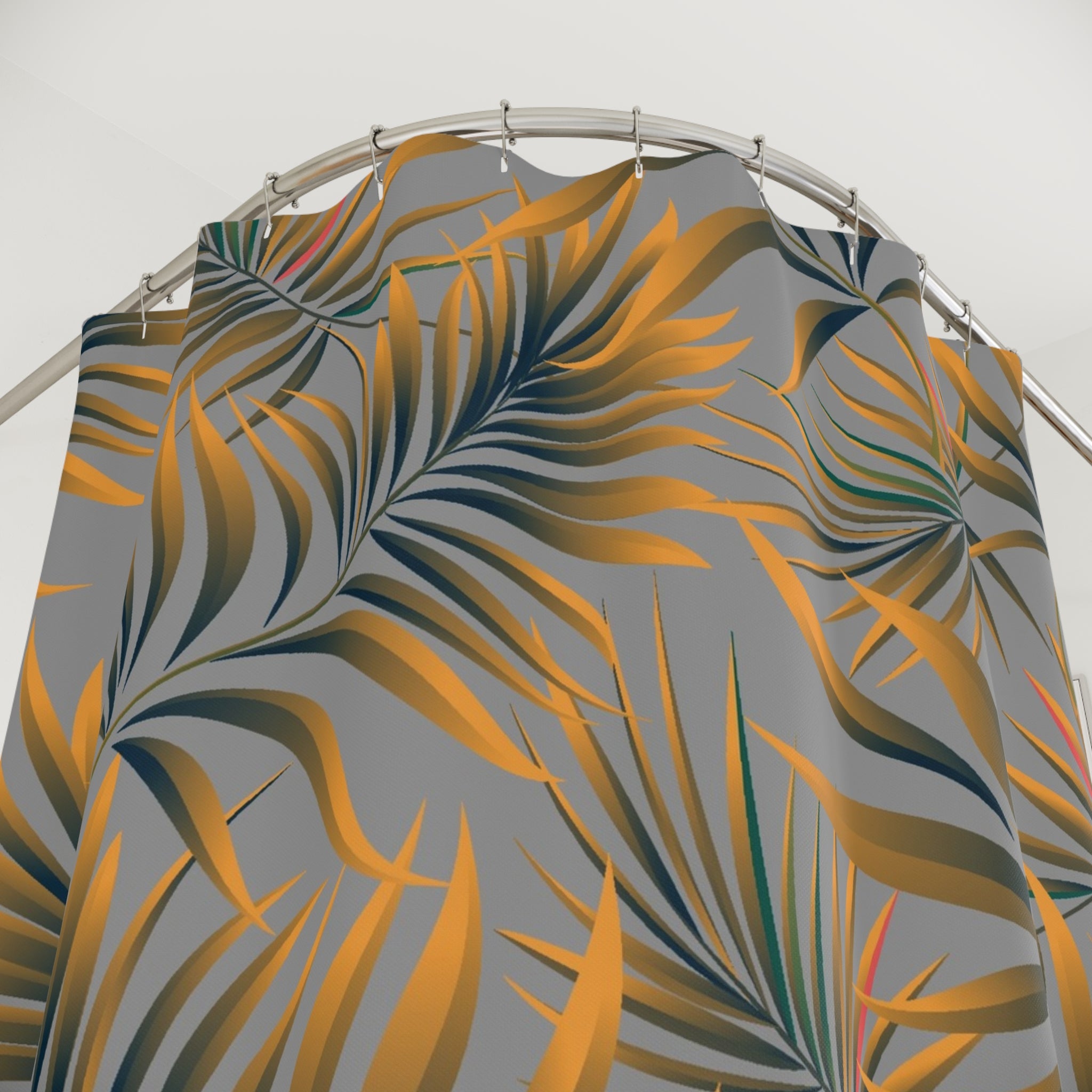 Orange Grey Palm Leaf Shower Curtain, Flowy Polyester Bath Curtain 71x74