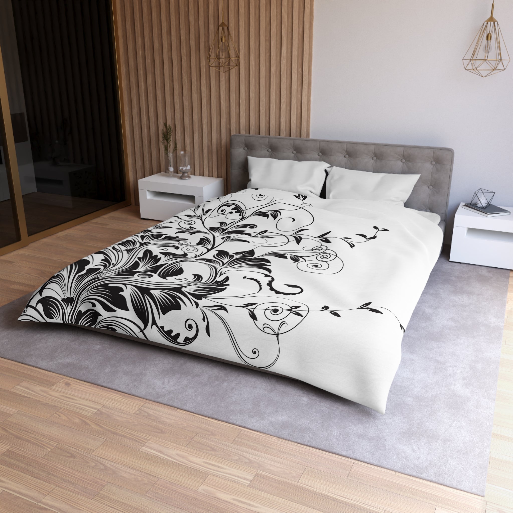 Black White Floral Duvet Cover | Minimalist Blanket Cover