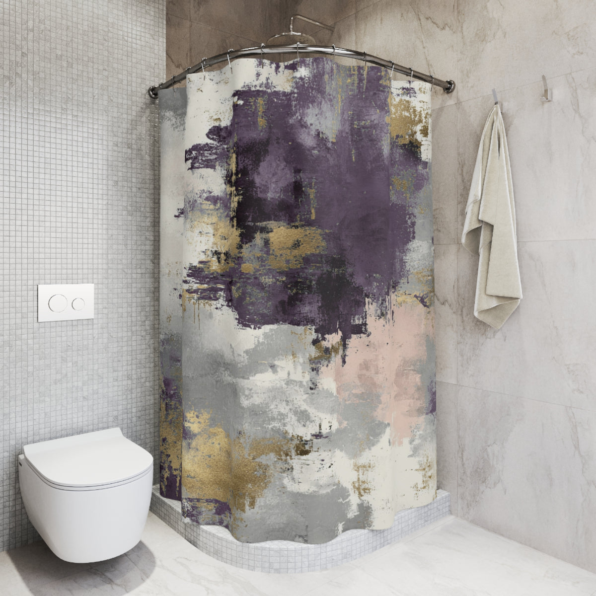 a bathroom with a shower curtain featuring a colorful abstract design in shades of purple, gray, and gold. The shower curtain is hanging from a rod next to a towel. The bathroom also includes a toilet and a tiled wall.
