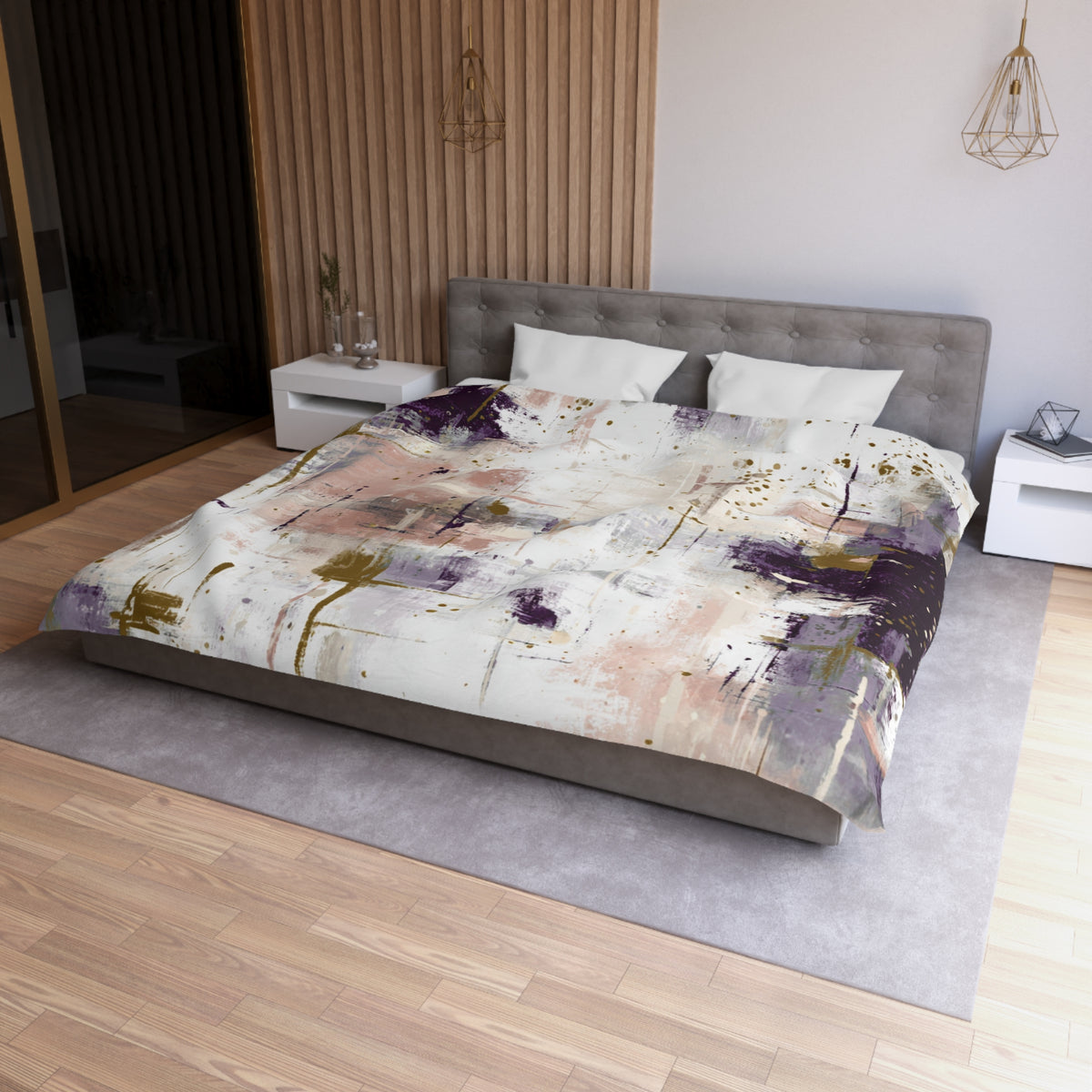 a modern bedroom with a large bed, a gray headboard, and a wooden wall. The bed is covered with a colorful, abstract-patterned comforter and pillows. The room has a minimalist and contemporary design, with a gray rug on the floor and a wooden floor. There are also some decorative elements, such as a pendant light and a vase, adding to the overall aesthetic of the space.
