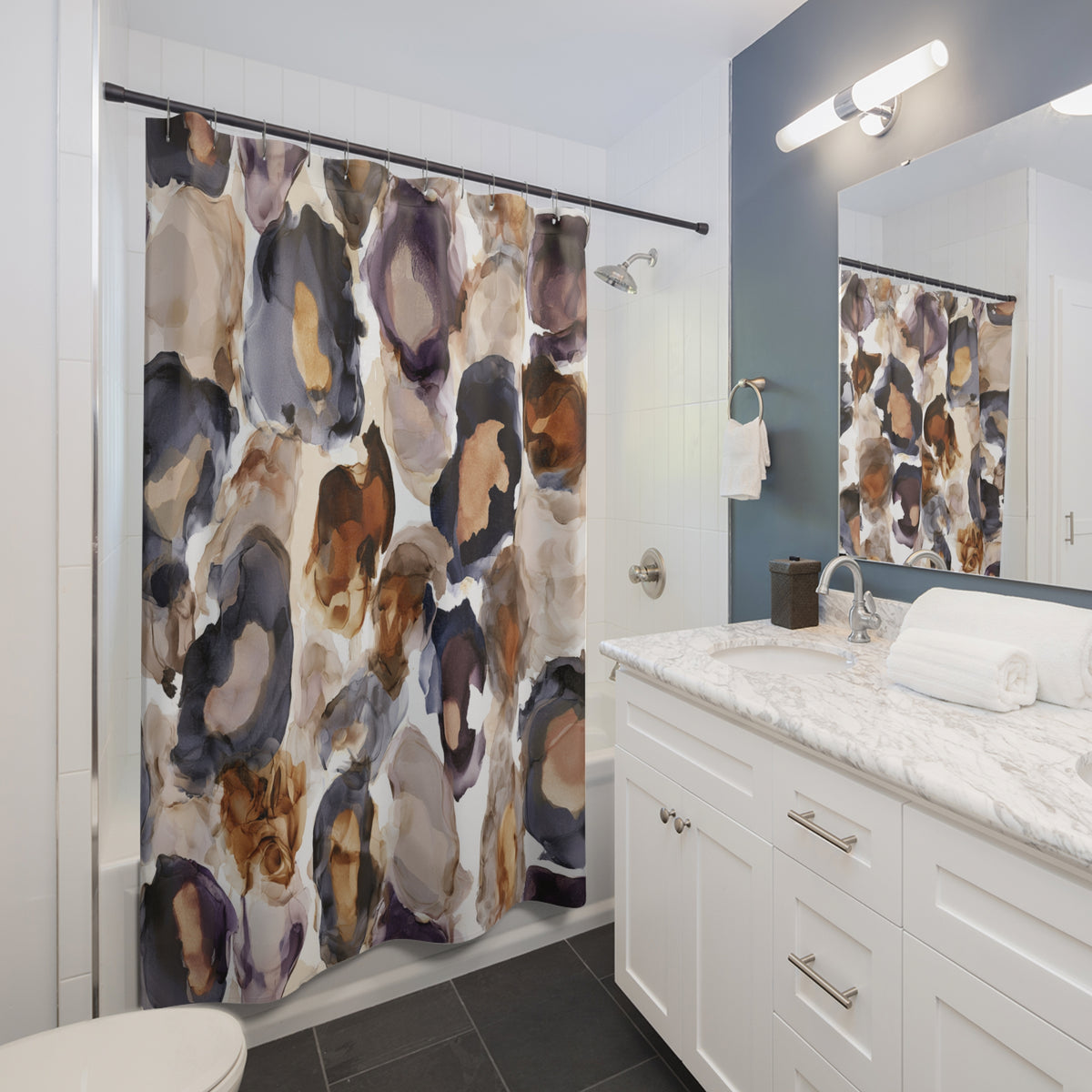 Navy Beige Moody Ink Floral Shower Curtain, Bath Curtain