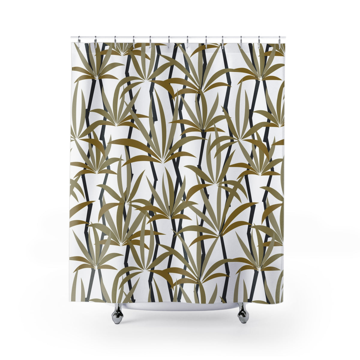 a shower curtain with a repeating pattern of palm leaves in shades of brown and green.