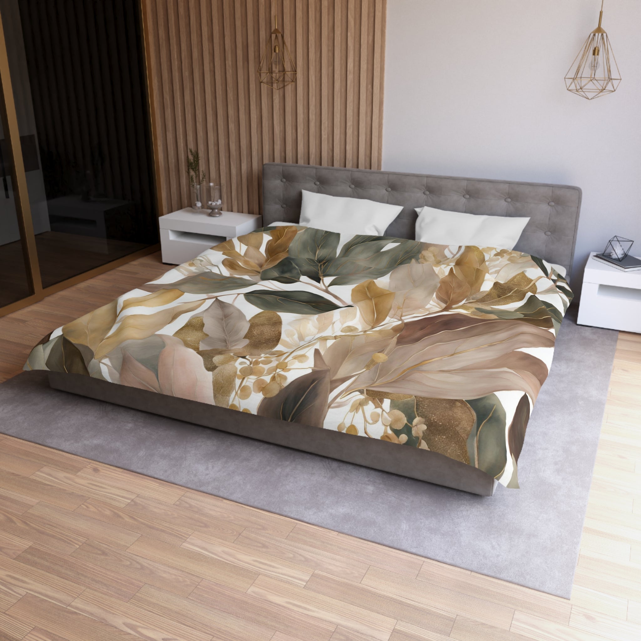 Floral Duvet, Pillow Cover | Beige Grey White Leaves Bedroom Decor