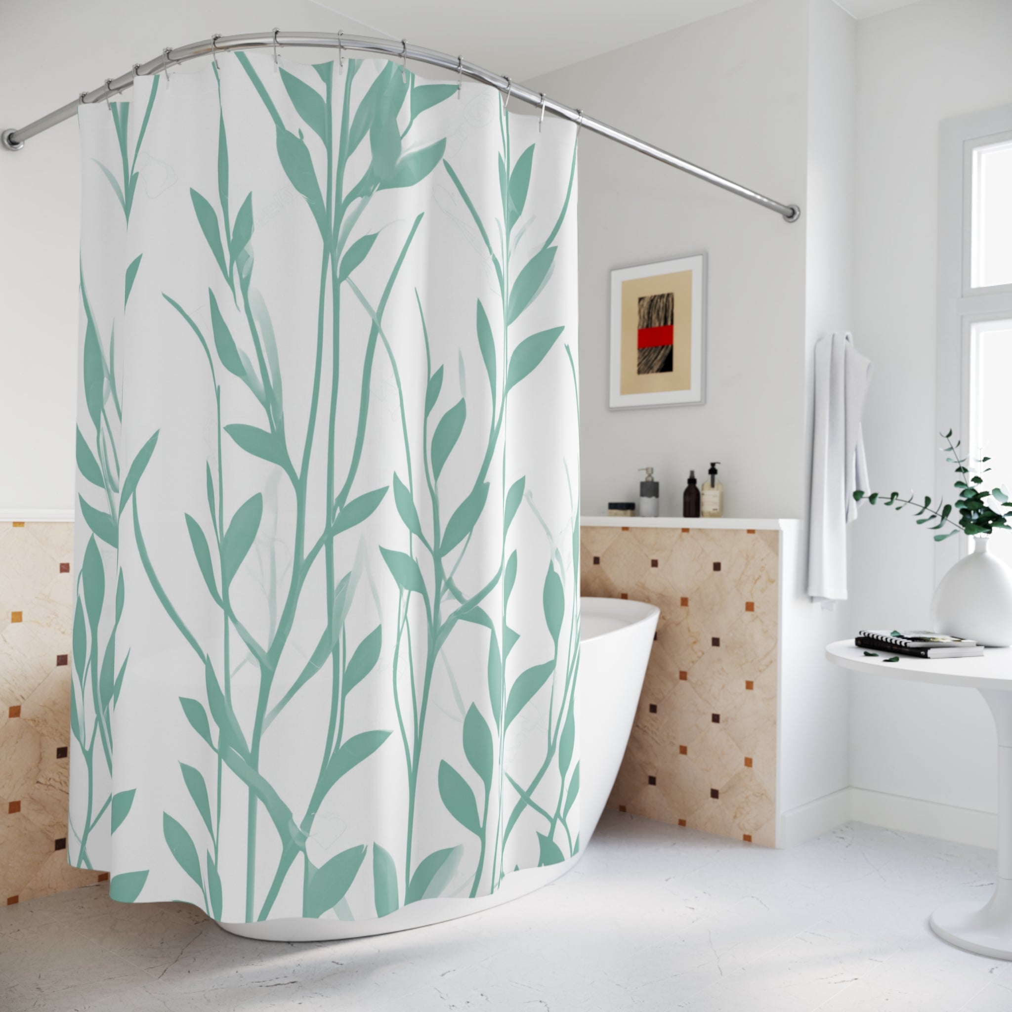 Boho Shower Curtain | Mint Aqua Green, White Leaves