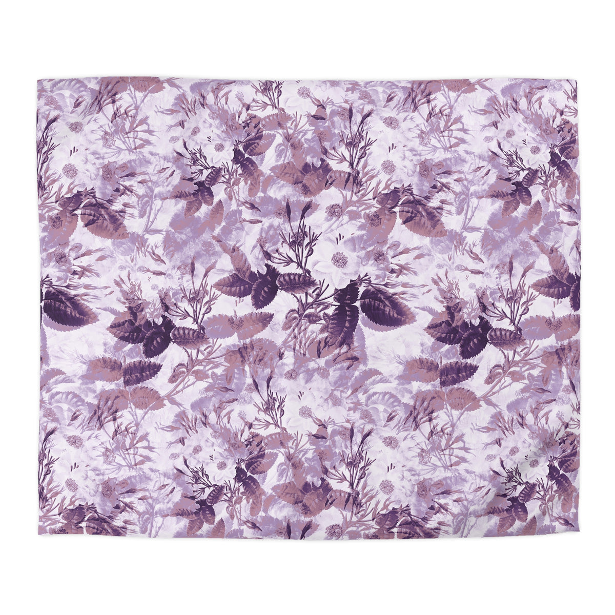 a square-shaped fabric with a floral pattern in shades of purple and white. The pattern consists of various flowers and leaves, creating a visually appealing and intricate design.