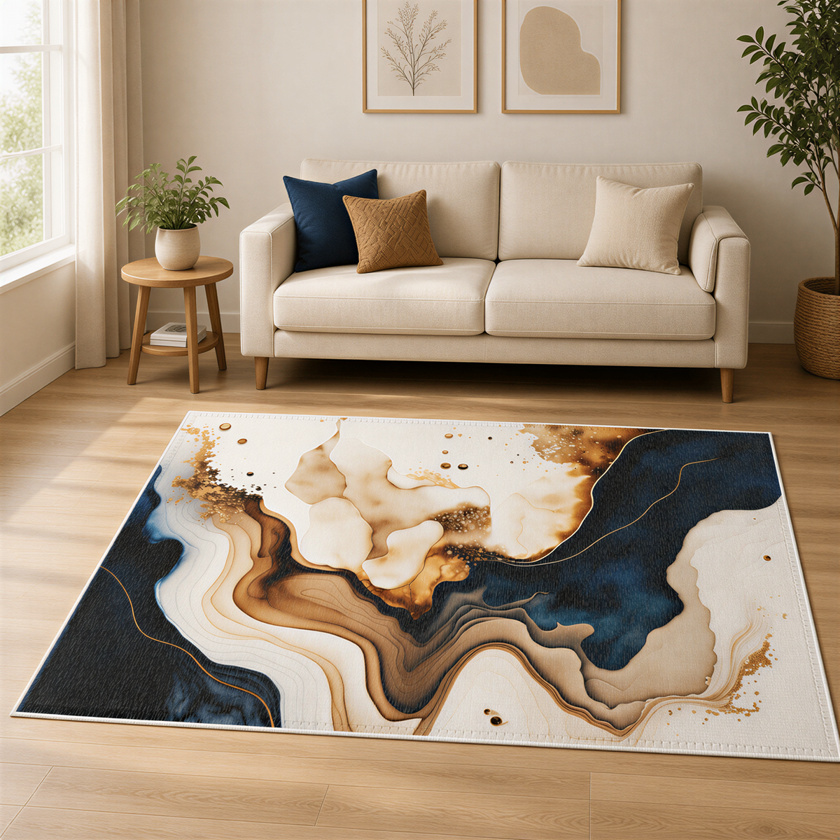 a living room with a white sofa, a large abstract rug with swirling patterns in shades of blue, brown, and white, and a few potted plants.