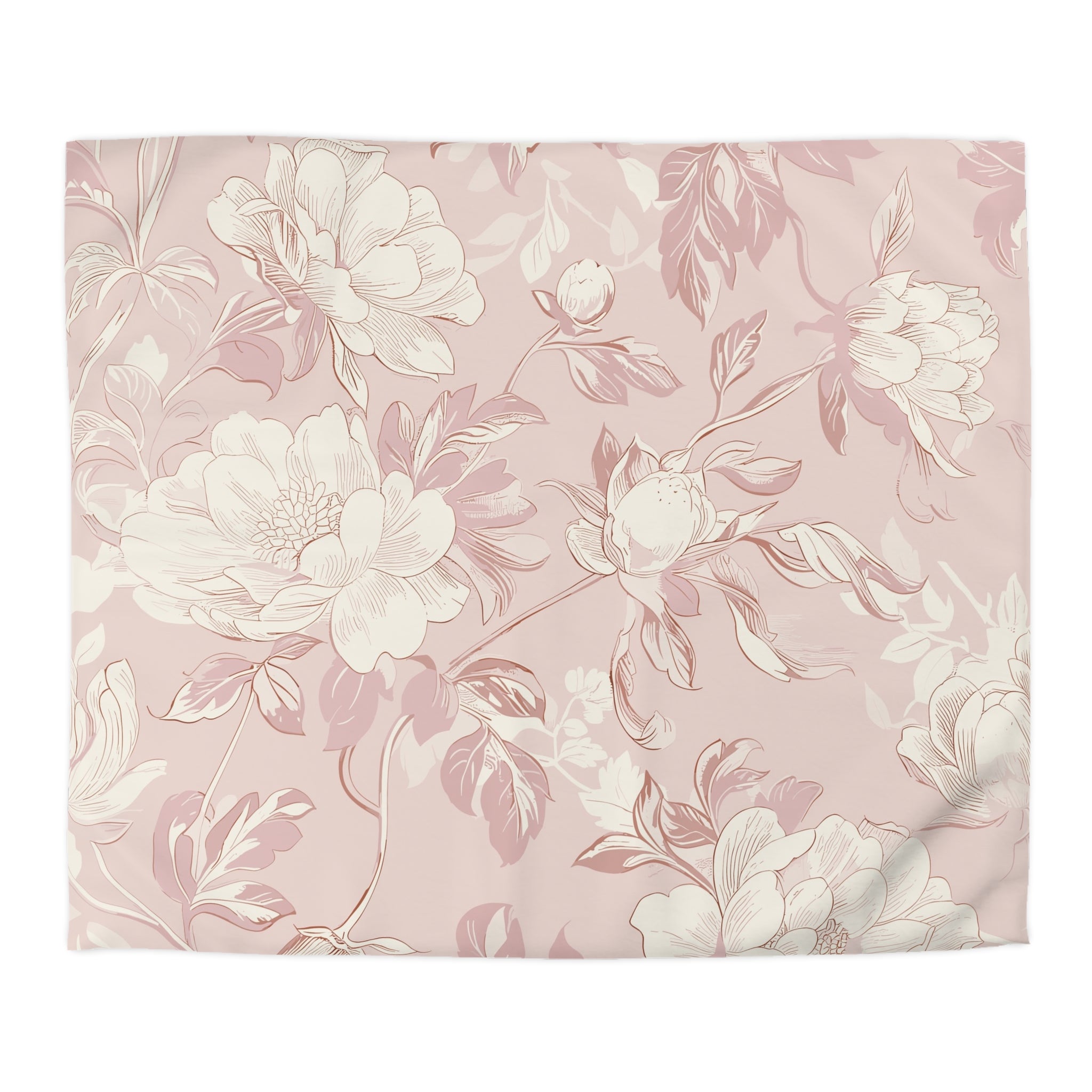 a floral pattern with various flowers and leaves in shades of pink and white.
