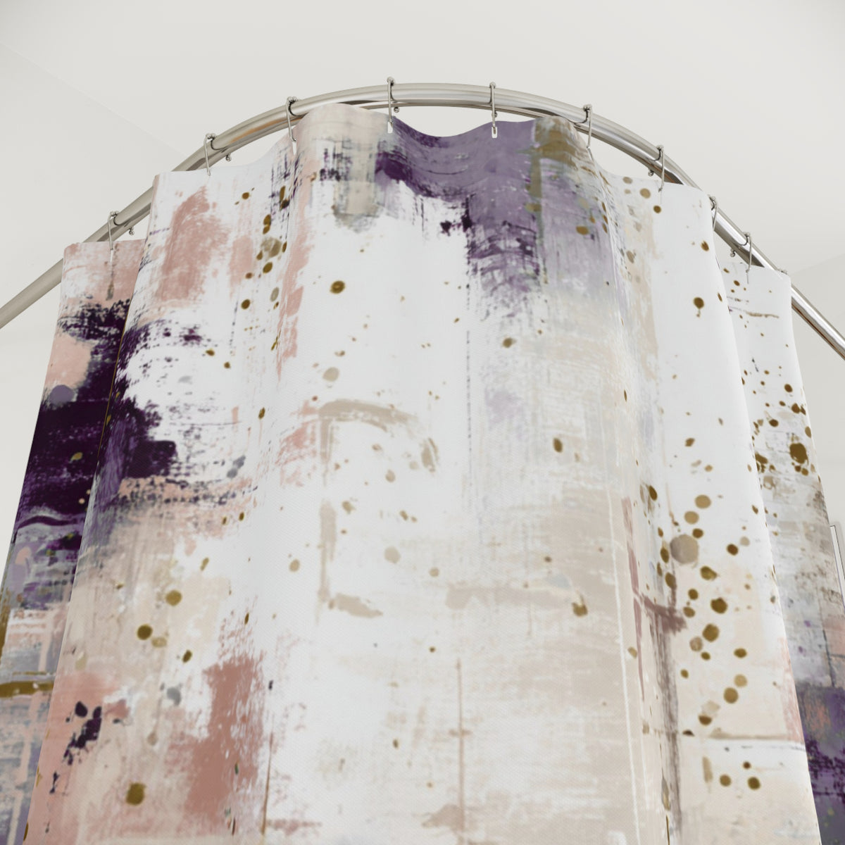 a shower curtain with a unique abstract pattern in shades of purple and white.
