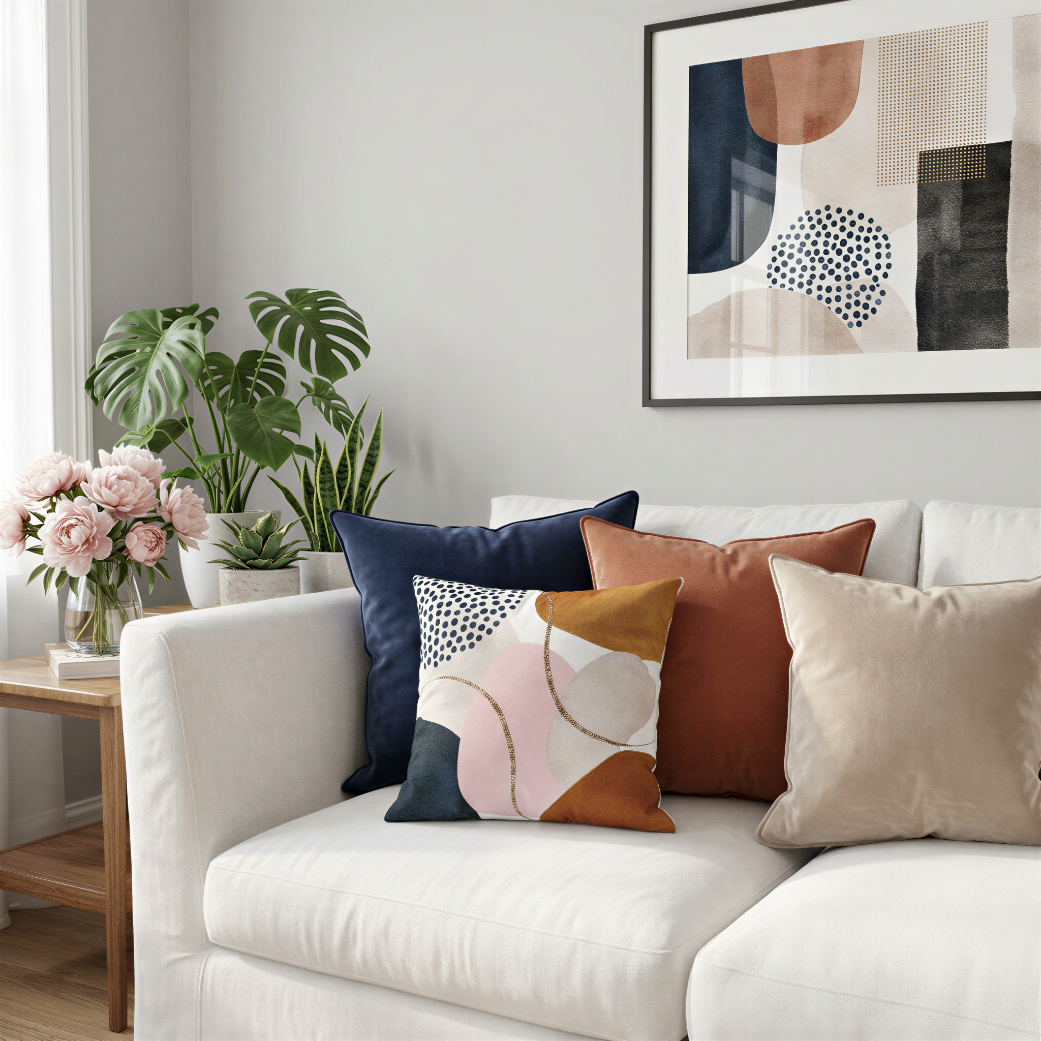 a cozy living room with a white sofa adorned with colorful throw pillows. The room is decorated with a framed abstract painting on the wall, and there are several potted plants adding a touch of greenery to the space.