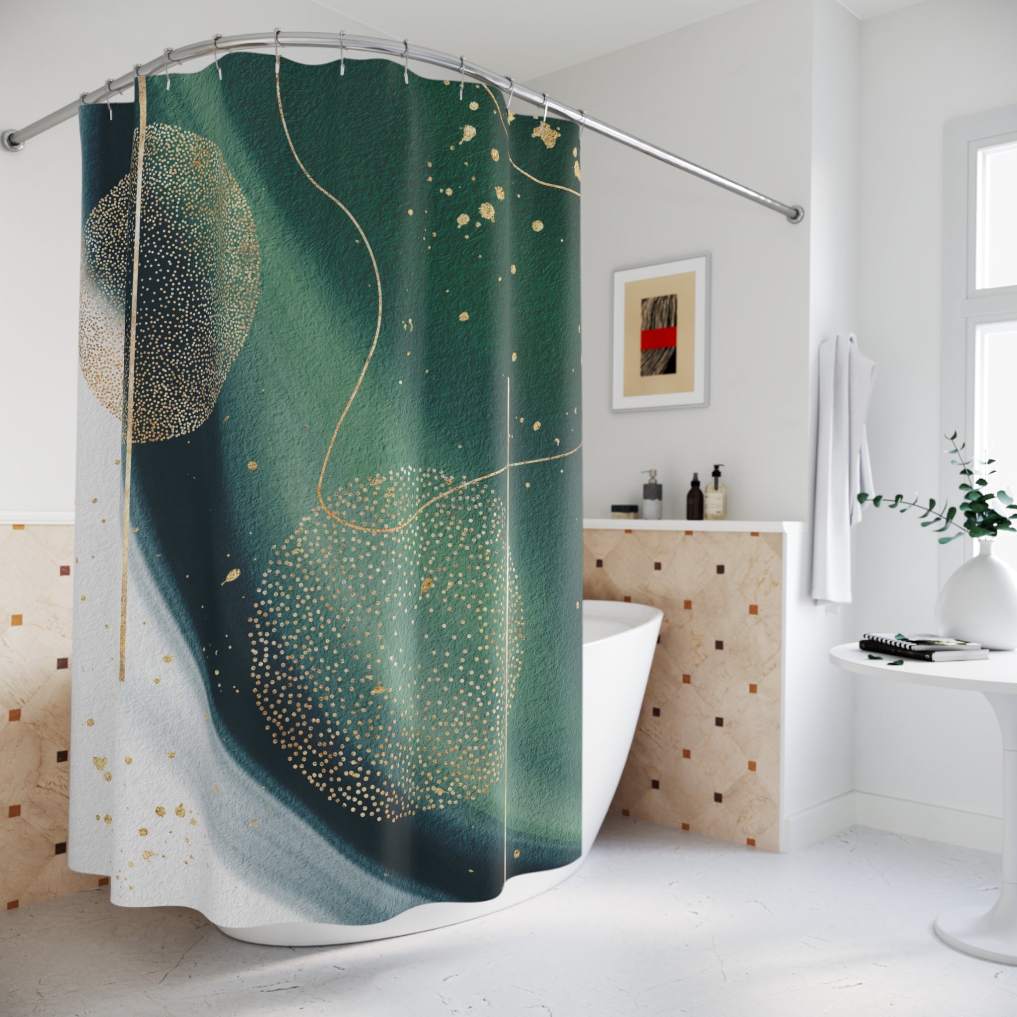 Teal Green Shower Curtain | Geometric, White Gold Beige