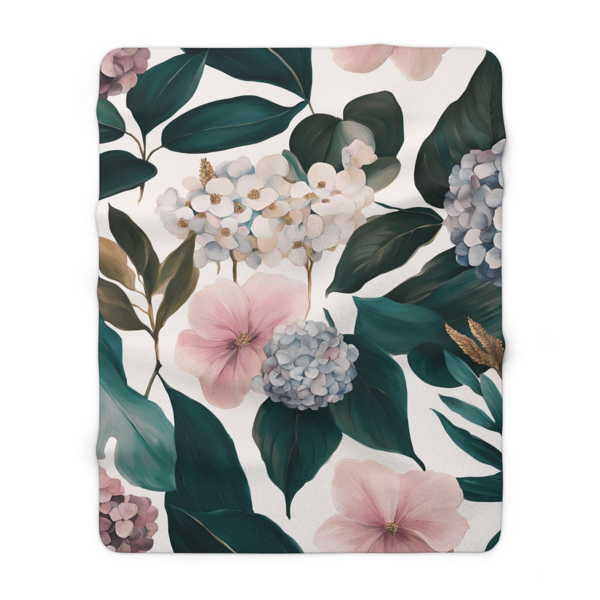 Floral Throw Blanket | Dark Green, Blush Pink Hydrangea