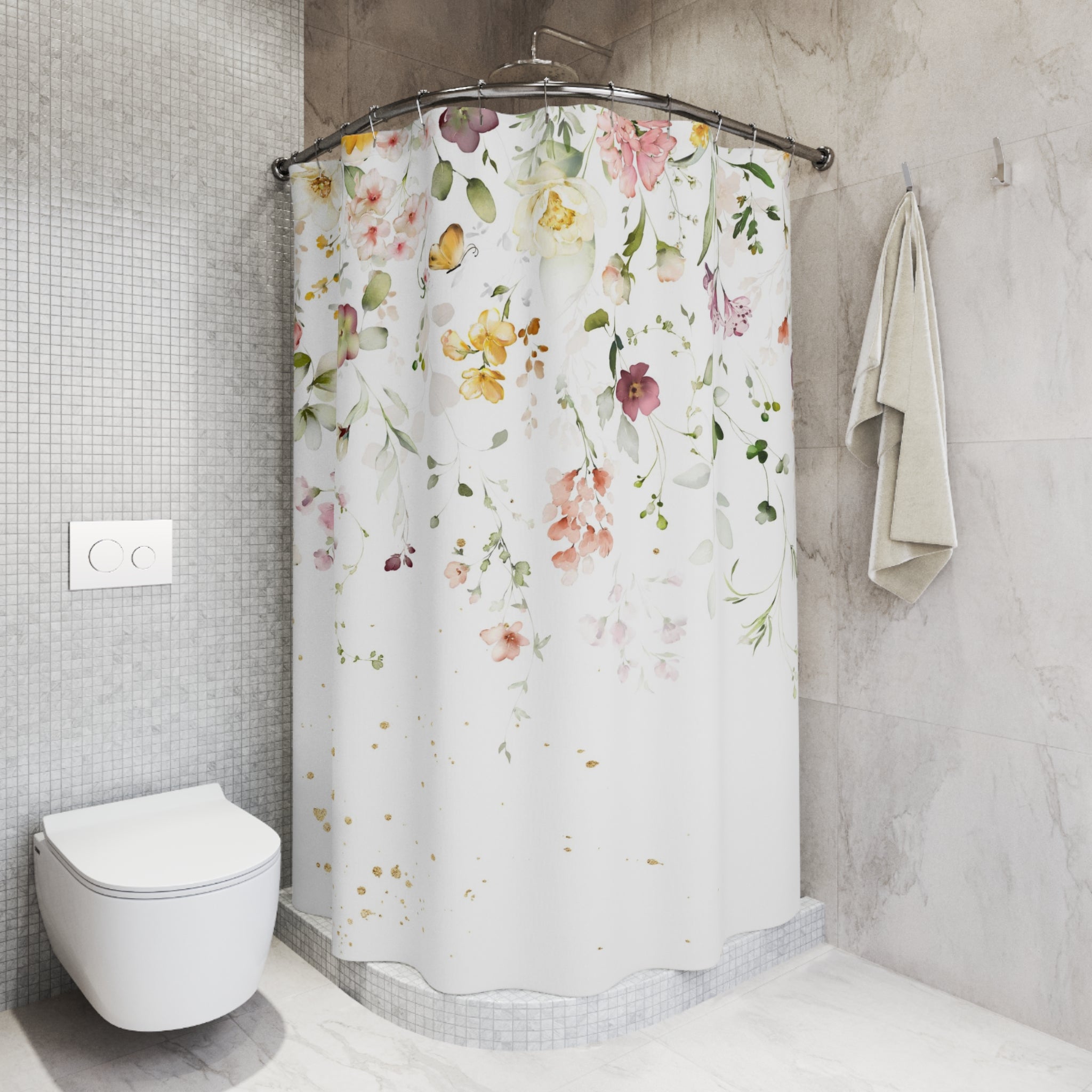 Boho Shower Curtain | White Floral Fabric Curtain